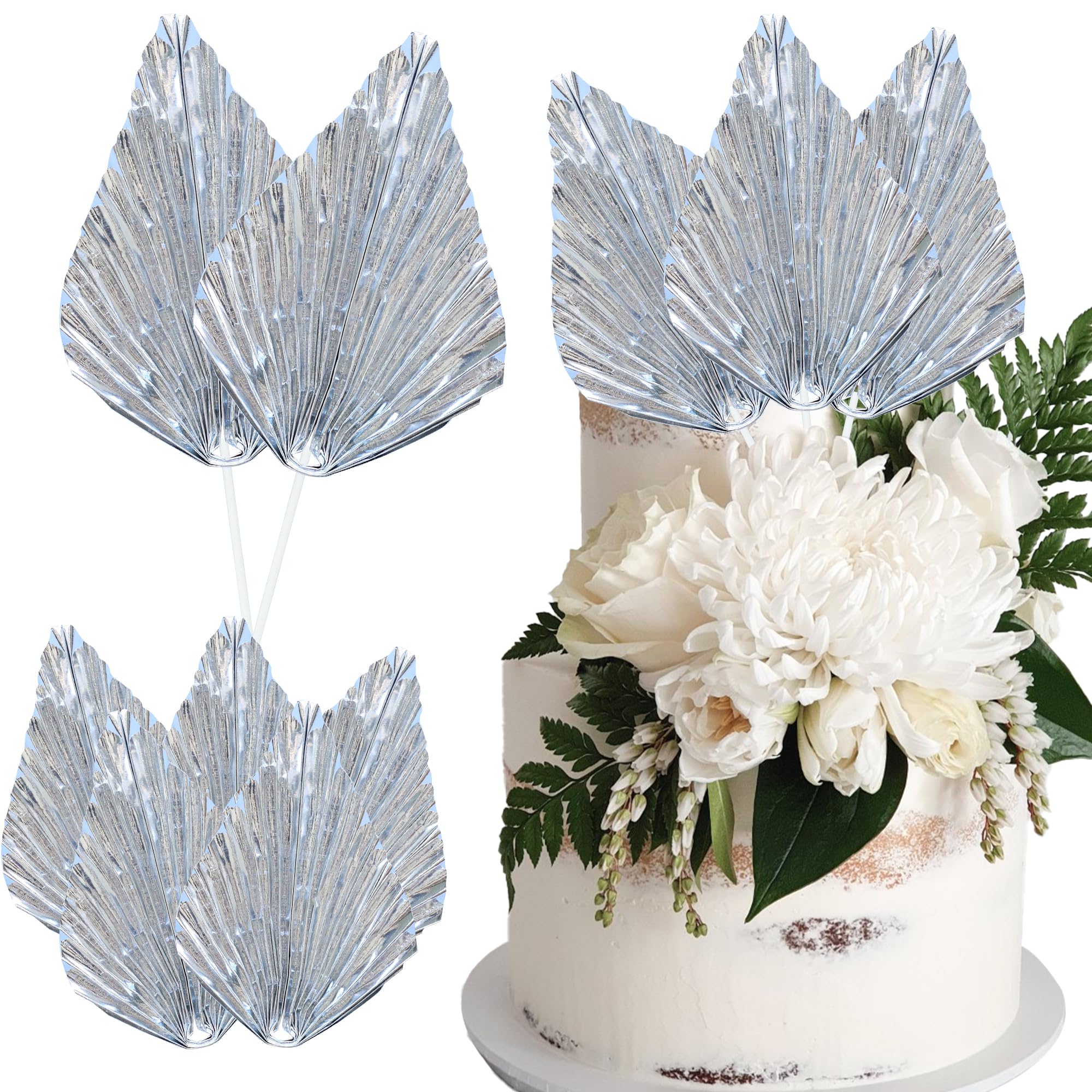 Ephlyn 6Pcs Paper Palm Leaves Fan Cake Toppers Palm Leaf Fan Cake Picks Craft DIY Fan Cupcake Toppers Palm Spear Leaves Cake Decorations for Baby Shower Wedding Birthday Party Supplies Bright Silver