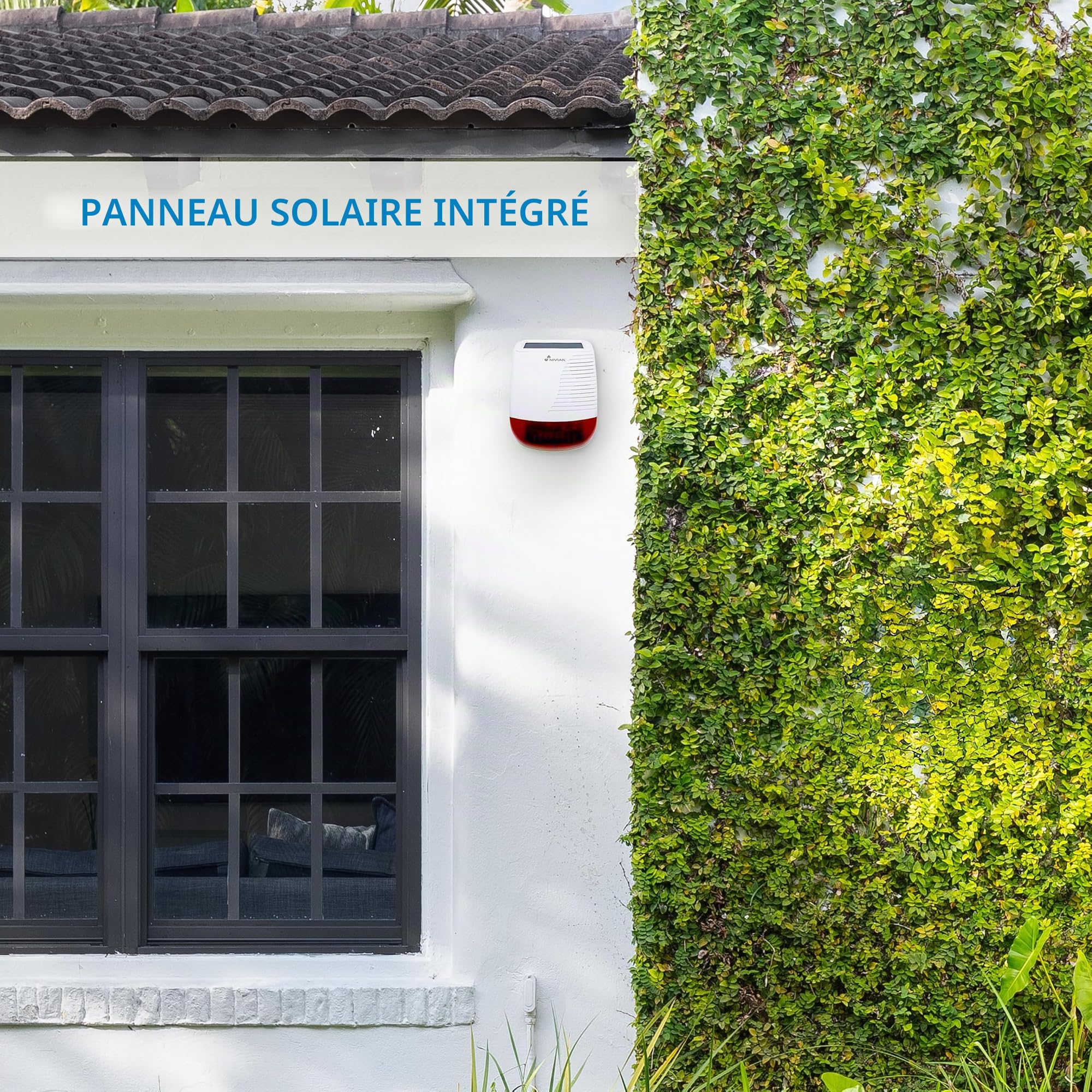 Nivian NVS-SOLARSIREN – Sirène Extérieure sans Fil Solaire 120 DB avec Flash LED Stroboscopique, Compatible Alarmes Nivian 433 MHz, IP65, Batterie Rechargeable, Portée 80 m, Anti-Sabotage