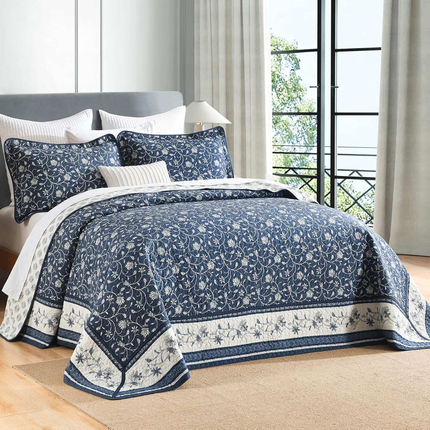 100% Cotton Oversized Quilt 128"x120", Extra Large Cal King Bedspread, Farmhouse Floral Bed Spreads Coverlet, Lightweight Quilted Bedding Cover, 3 Piece, Navy Blue/White - Image 2