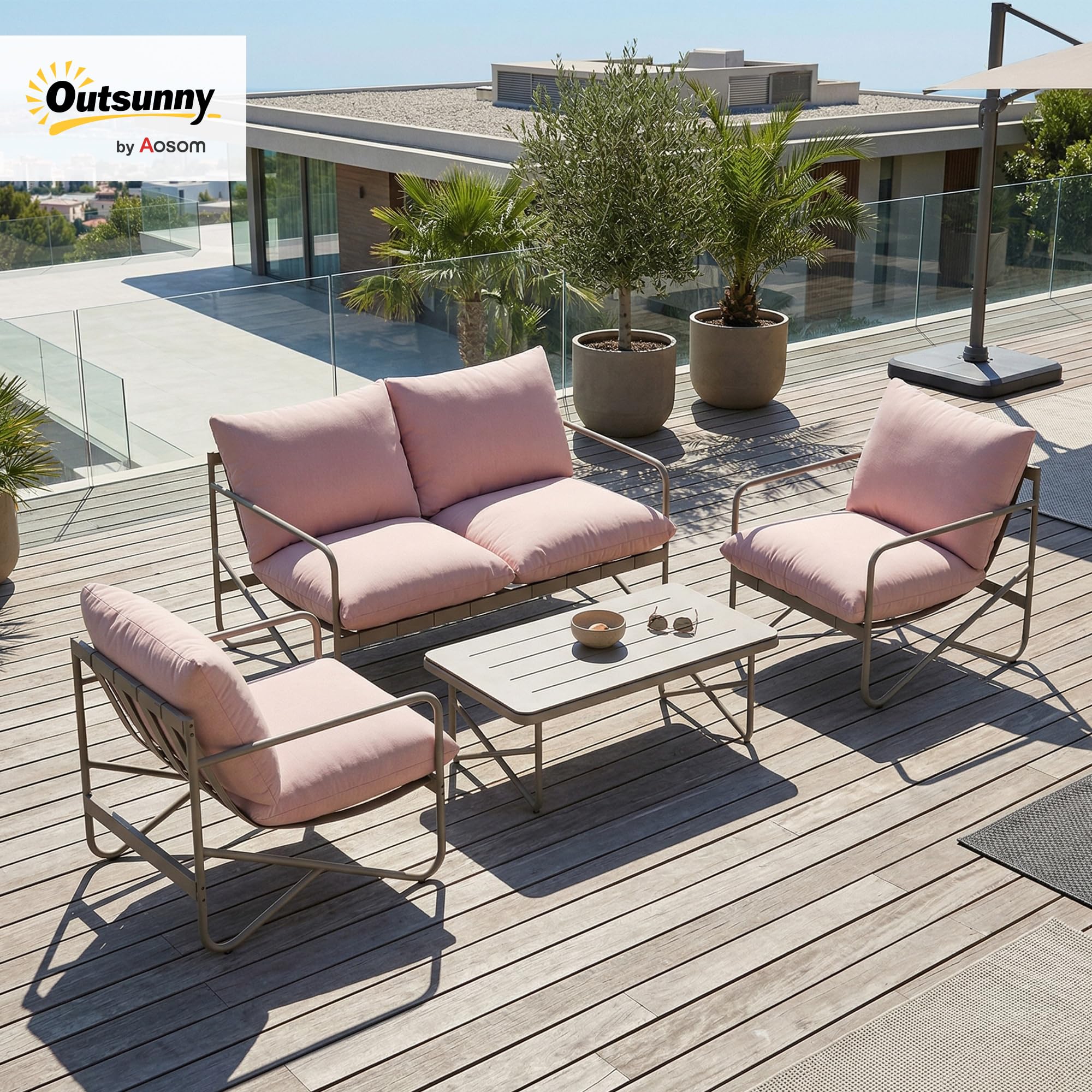 Outsunny Set Salotto da Giardino 4 Pezzi, Set di Mobili da Giardino in Metallo con Divano 2 Posti, 2 Poltrone, Tavolino con Piano Metallo, Cuscini Spessi, Salottino da Esterno per Patio Balcone, Rosa