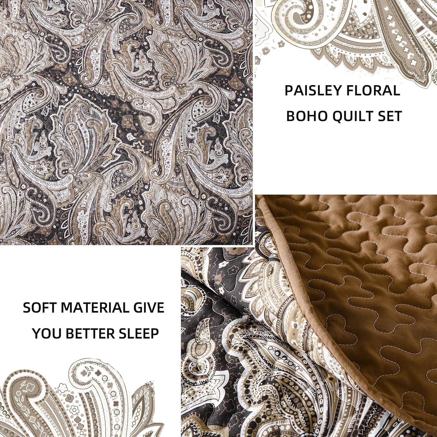 DJY Brown Paisley Quilt Set King Boho Bedspread Coverlet Set 3 Pieces, Soft Lightweight Microfiber Paisley Floral Pattern Bedding for All Season, 110"x90" - Image 5