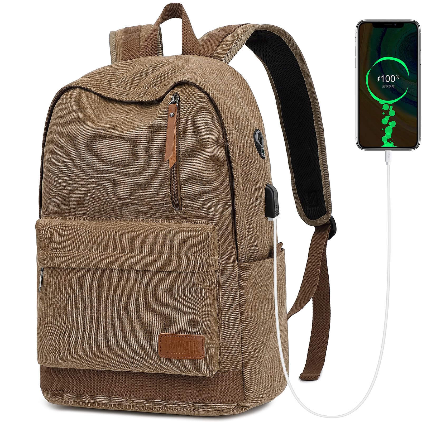 UNIWALK Canvas Laptop Backpack, Waterproof School Backpack With USB Charging College