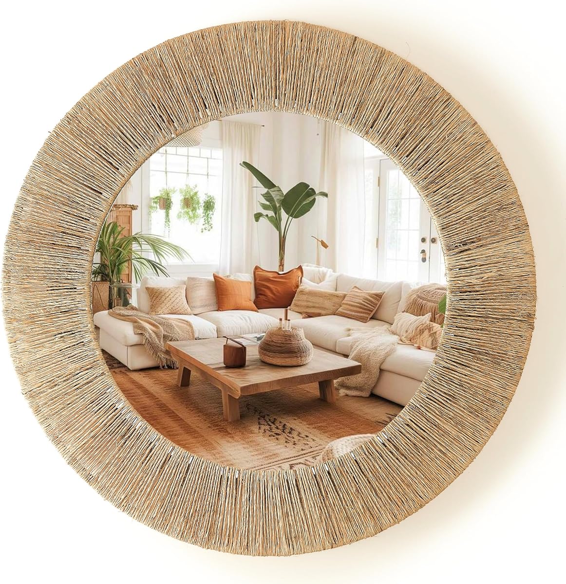 24 inch Natural Jute Round Wall Mirror, Boho Decor Wall Mirror | Wall Mounted Accent Mirror With Metal Frame, Natural Woven Jute Border, Round Mirror For Wall Decor For Bedroom, Living Room