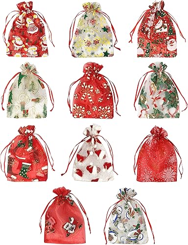 Miniatura 8 de Jexila 24 bolsas de regalo de organza de Navidad de 4 x 6 pulgadas con cordón de 11 patrones de mezcla de pequeñas golosinas de regalo de Navidad