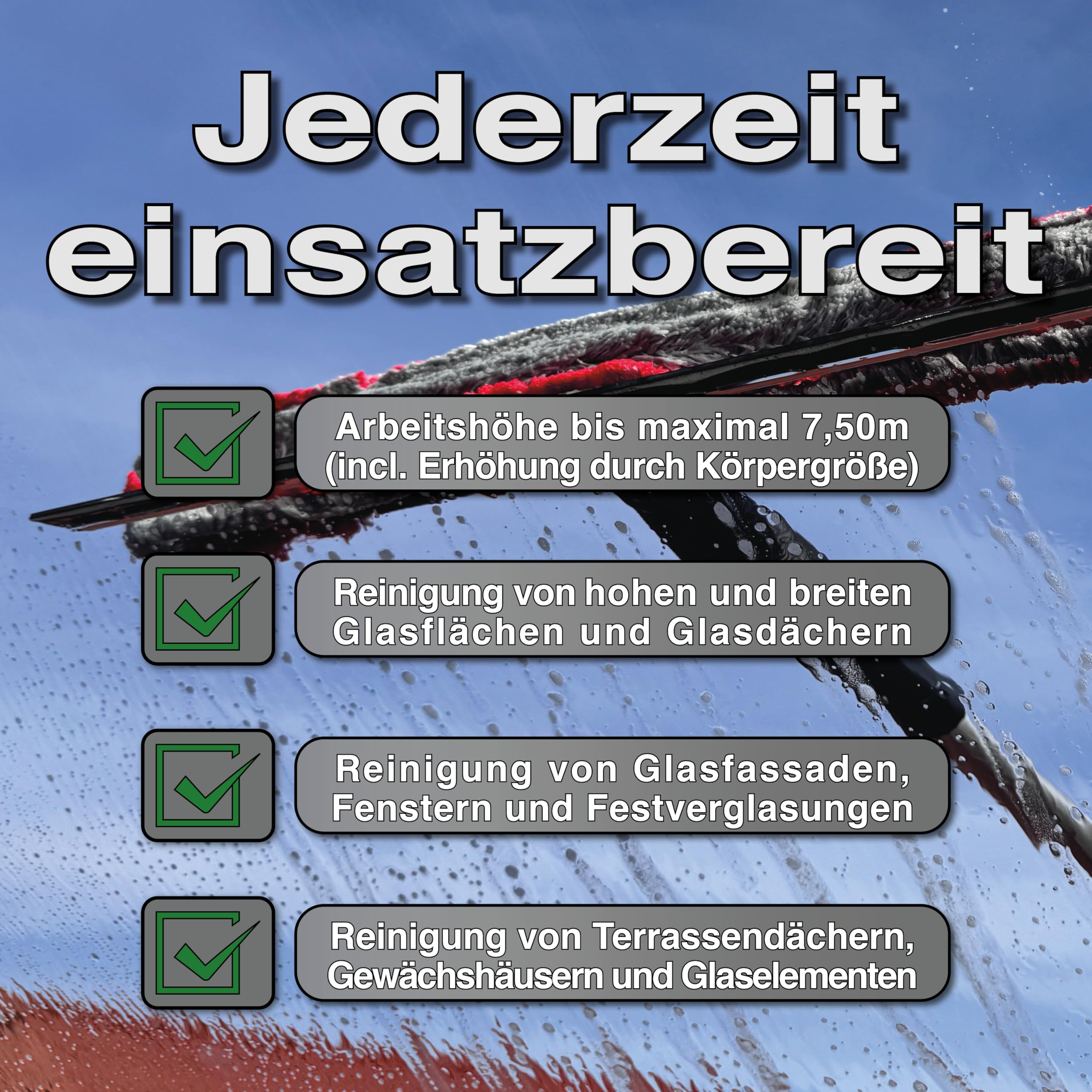 FenWi 6m Teleskop Fensterputzer Profi Set mit Abzieher und Wischer 45/50cm | 45cm Gummilippe, Kombi Fensterwischer, Gelenk Alu Teleskopstange 600 cm, für Wintergarten, breite Fenster und Solar Reinigung