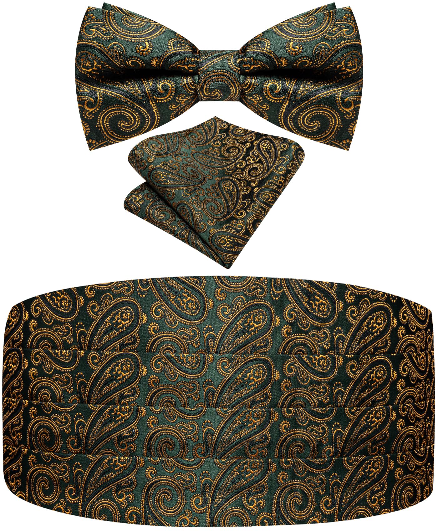 Paisley Floral Tuxedo Cummerbund Bow Tie Pocket Square Set for Men