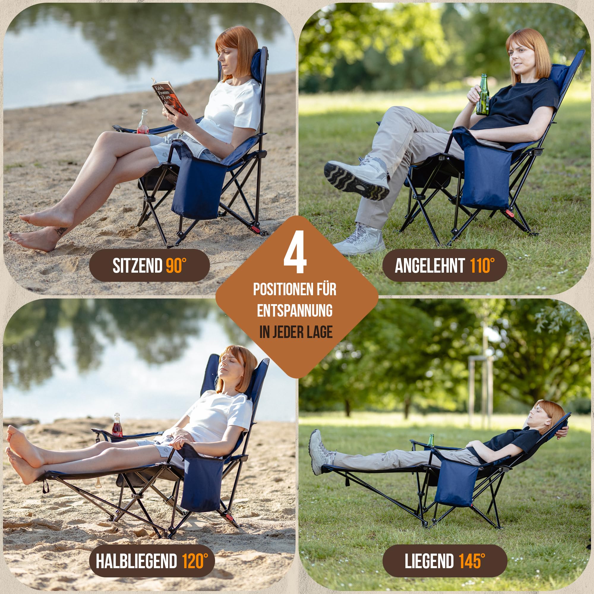 Outdoorspace Campingstuhl Faltbar Klappbar mit Fußteil bis 180kg [Kühltasche & Flaschenöffner] Klappstuhl, Angelstuhl | Camping-Liege-Stuhl Leicht, Kleines Packmaß