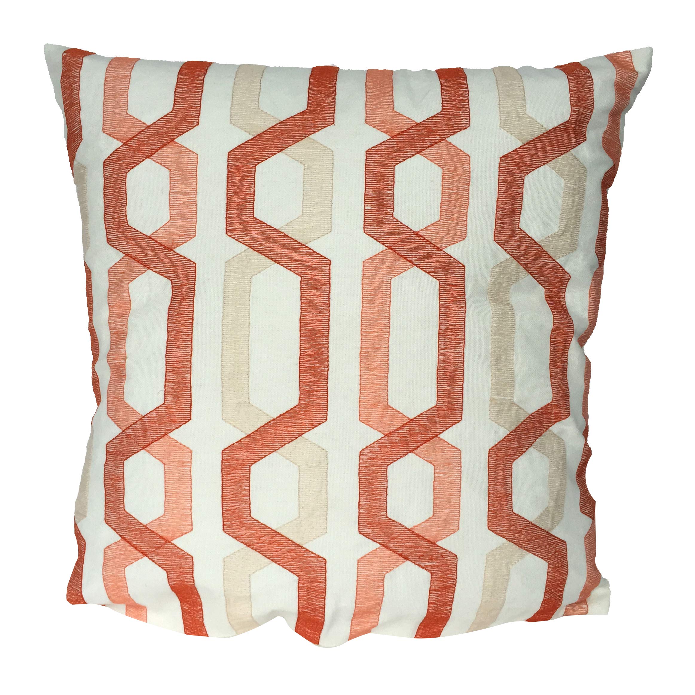 Benjara Contemporary Cotton Pillow with Geometric Embroidery Red and Cream