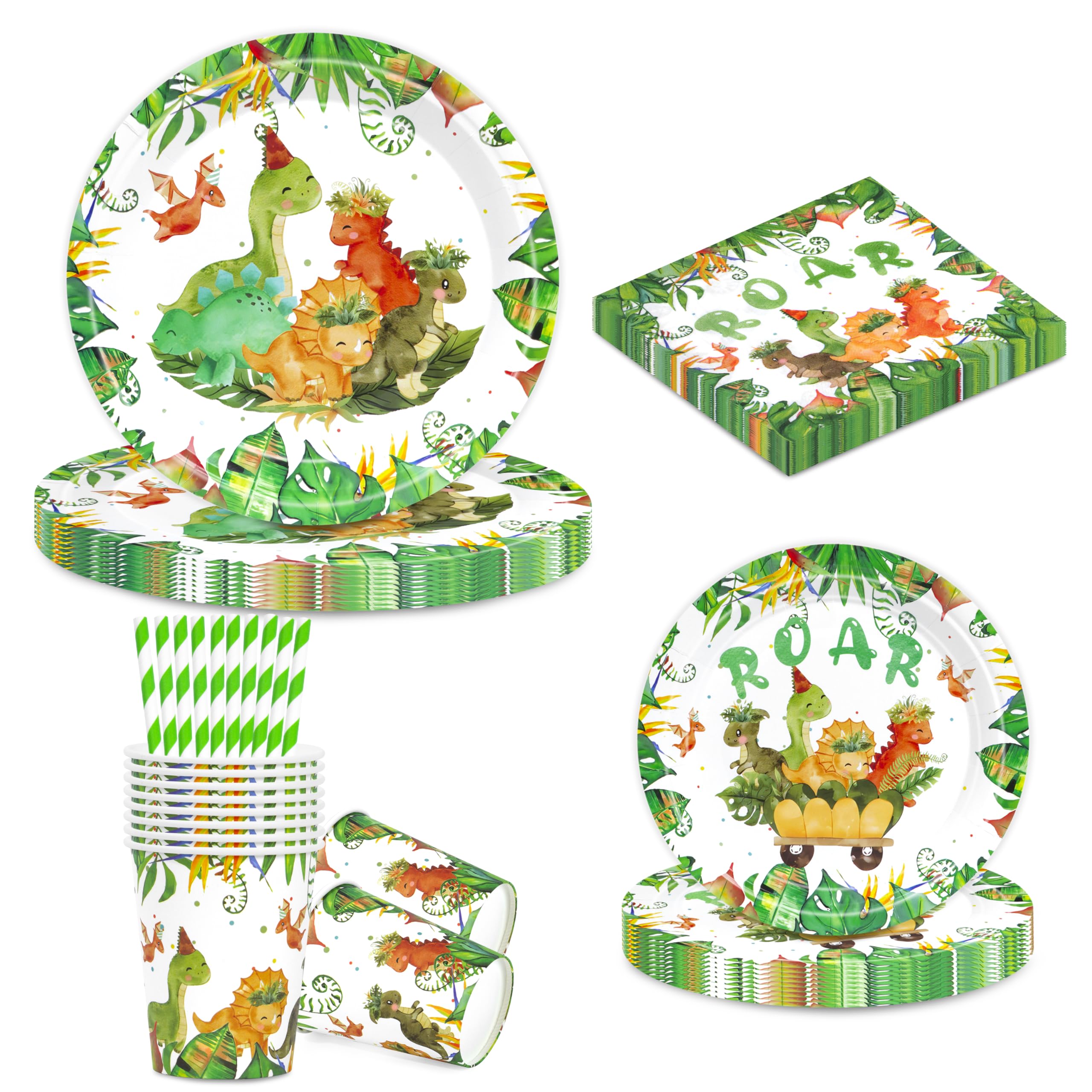 BuyCard Dinosaur Birthday Tableware Set for 10 People, 60 Piece Dino Party Tableware Set Paper Plates Children's Birthday Party, Paper Plates Cups Napkins. — image 1