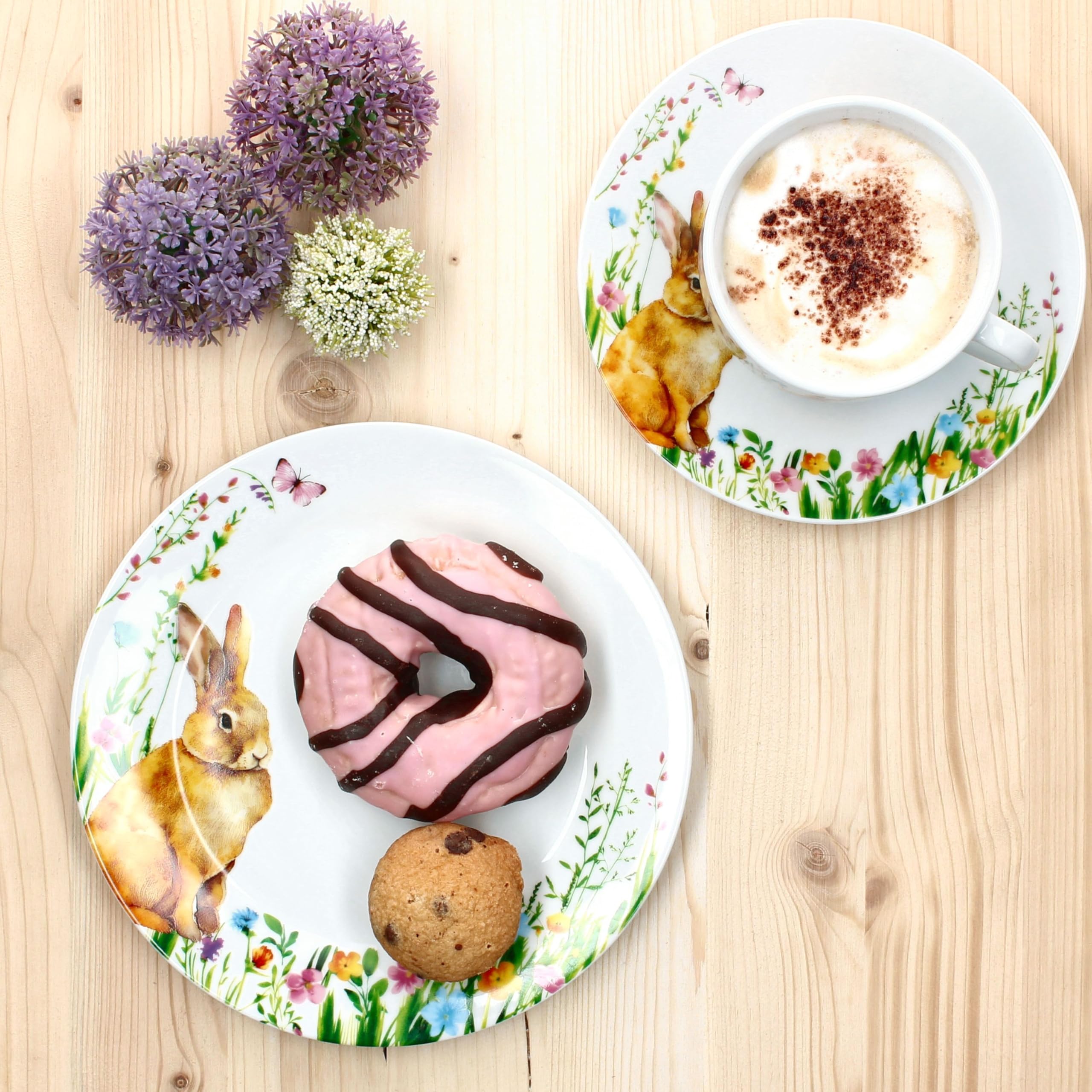 MamboCat Osterfreude Service à café 18 pièces - Vaisselle en porcelaine printanière avec décor lapin de Pâques pour 6 personnes - 6 tasses de 200 ml chacune, 6 soucoupes et 6 assiettes pour
