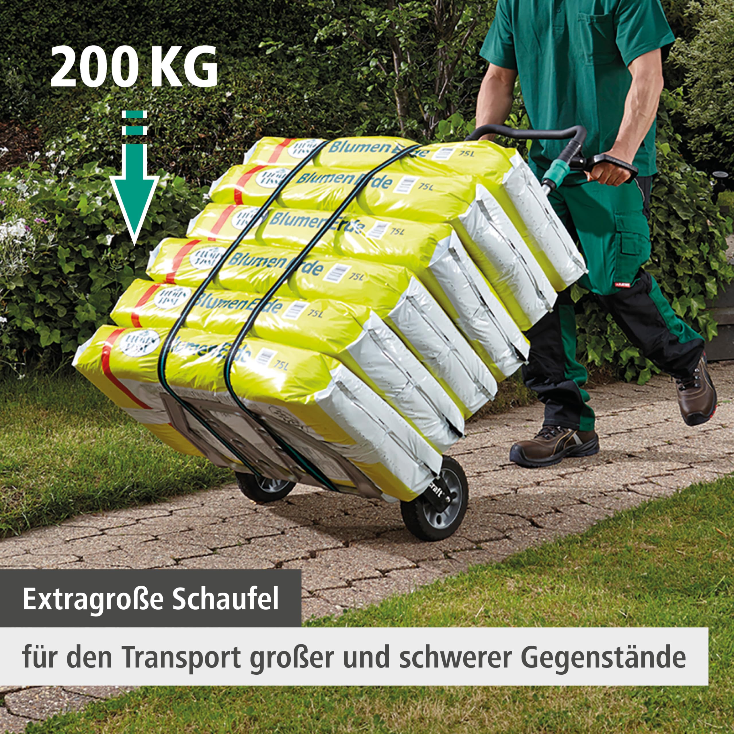 wolfcraft TS 1500 Transportsystem - Profi Sackkarre für Lasten bis 200 kg | Klappbarer Handkarren, ideal für Außengelände und Treppen, extragroße Schaufel, pannensichere Räder, Made in Europe - 5525000
