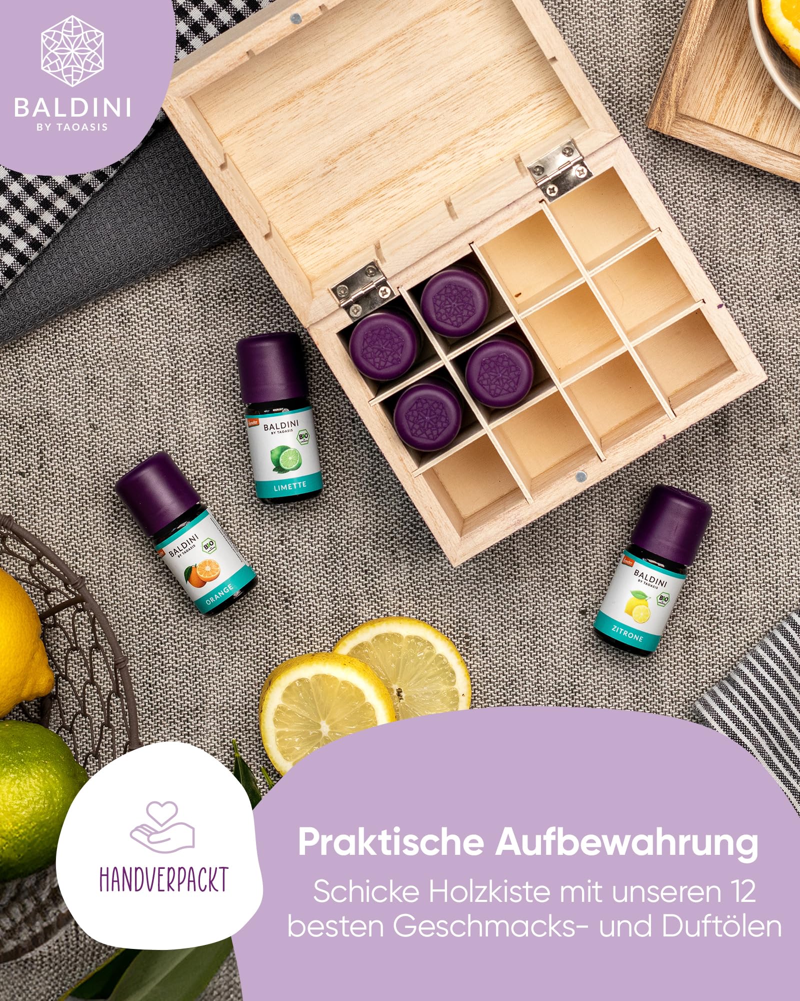 Baldini Ätherische Öle Set 12x5ml - 100% Naturreine Ätherische Öle - Lebensmittelqualität - Vegan - für Speisen, Getränke & Aroma Diffuser - Geschenkset