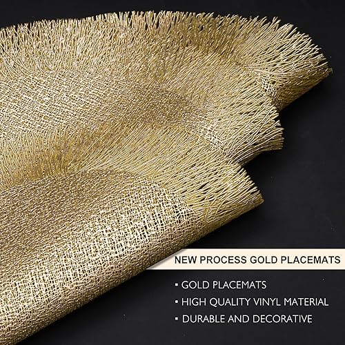 Miniatura 4 de Evevda Juego de 6 manteles individuales dorados redondos con huecos para mesa de vinilo prensado metálico, manteles individuales impermeables a