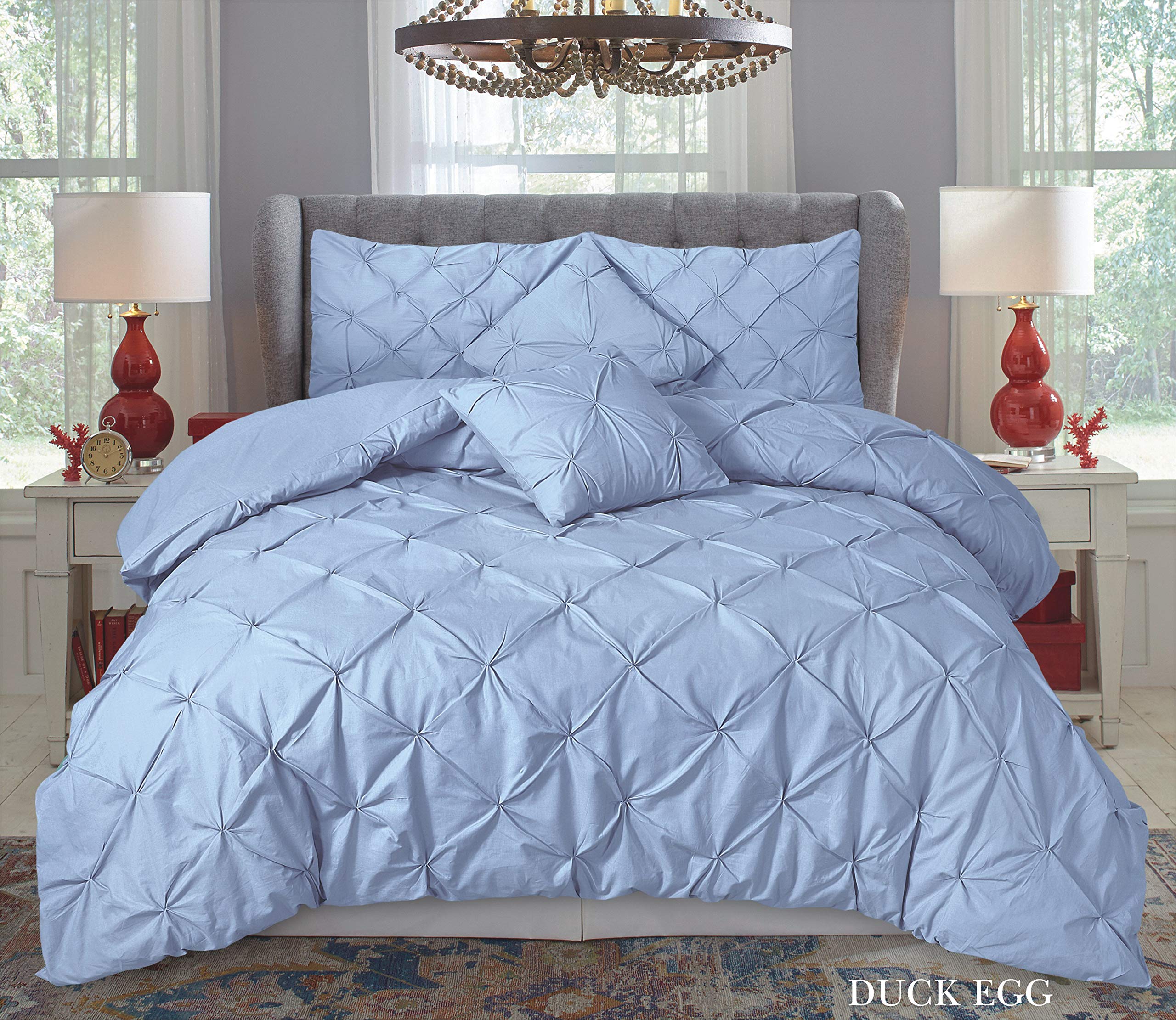 Northern Luxe Duck Egg Pintuck Duvet Set Eliza Bedding Hand Stitched 68-Pick Fibre 50/50 Polycotton Machine Washable (, King)