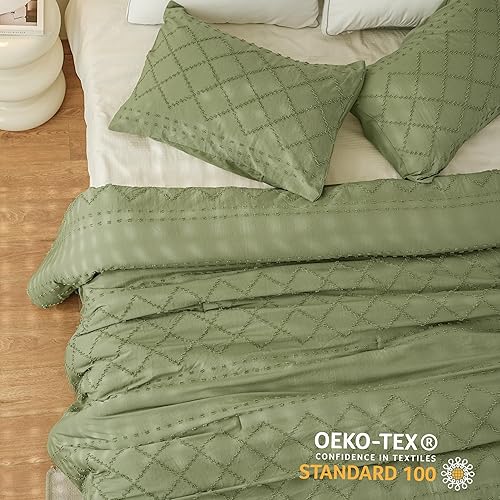 Miniatura 3 de ELNIDO QUEEN Juego de edredón bohemio copetudo tamaño matrimonial, juego de edredón suave de 3 piezas verde salvia para todas las estaciones, juegos