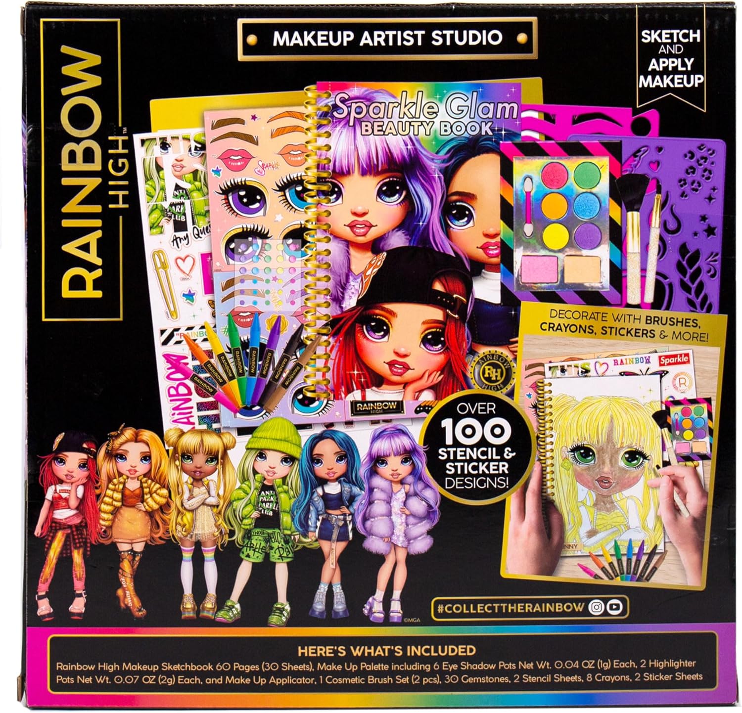 Rainbow High Makeup Artist Studio by Horizon Group USA, Create Makeup Looks Characters, Includes Spiral-Bound Beauty Book, Play Makeup, Cosmetic Brush, Stickers, Crayons, Gems & More, Multi