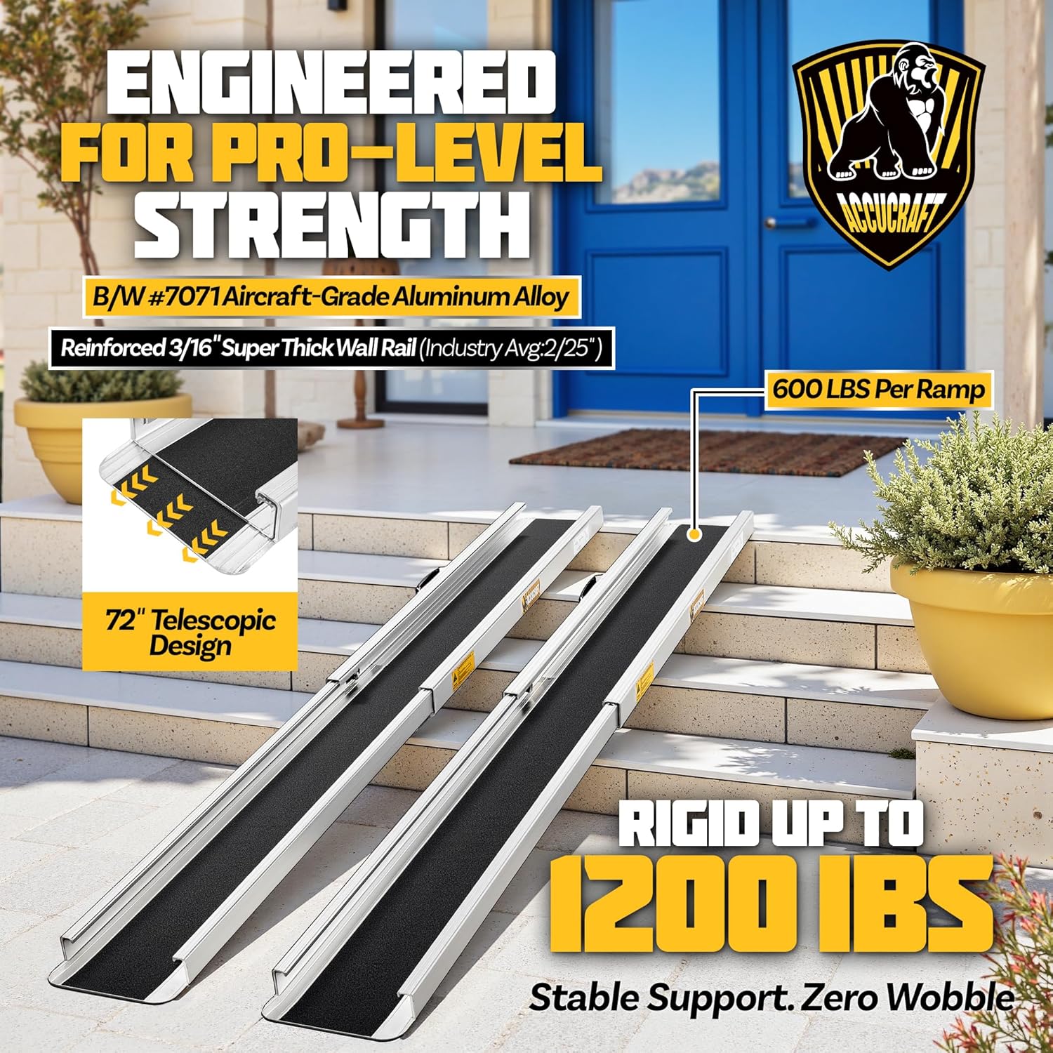 6ft portable wheelchair ramp, adjustable aluminum ramps for wheelchairs for home, 1200lb capacity, 2x thickened sidewall, wheelchair ramp for home, stairs, steps (2 pack) 6ft (usable height 6-18 inch)