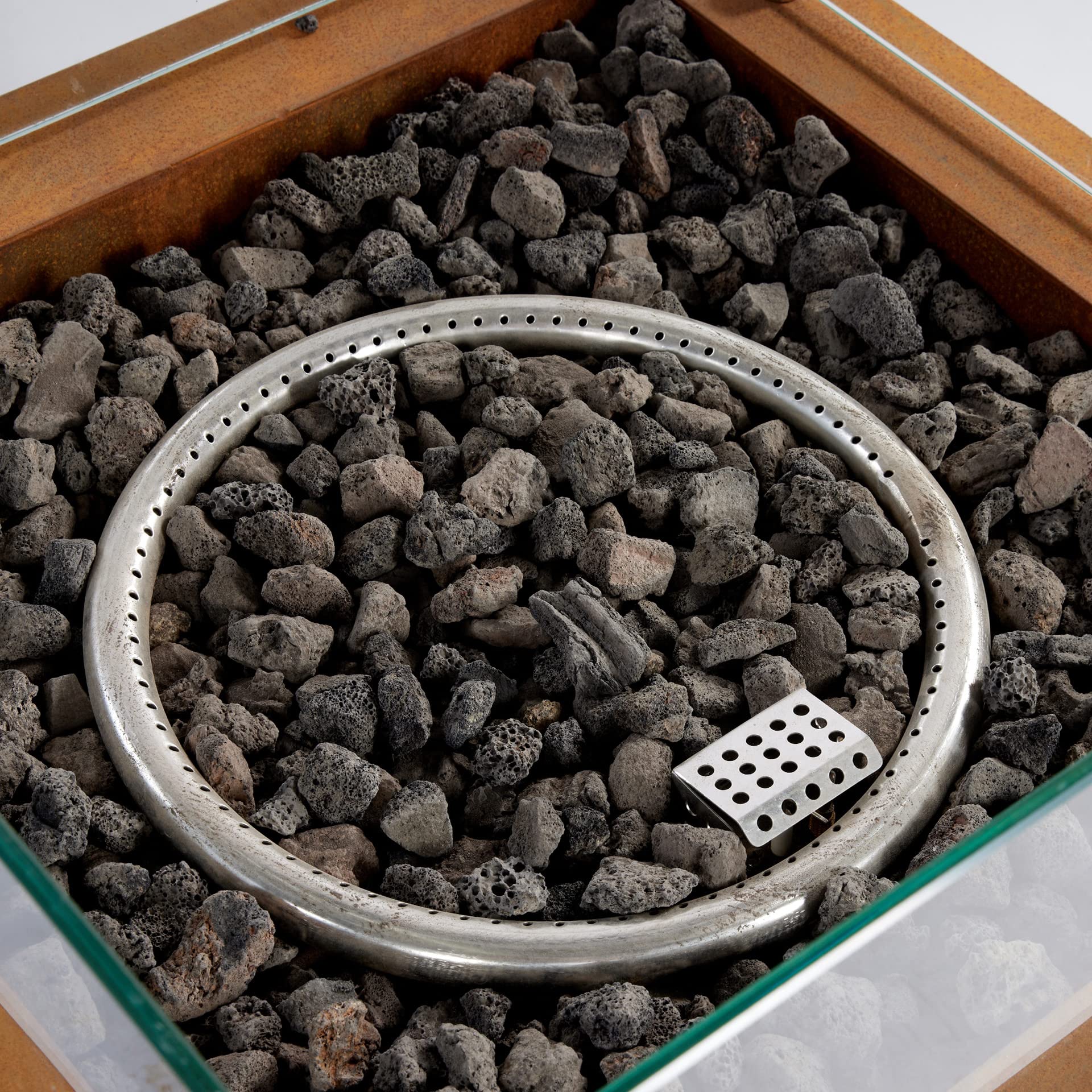 intergrill Gasfeuerstelle Fire Pit | 60 x 60 x 81,5 cm | Feuertisch Feuerschale für Garten Lavasteine Glas | Patinierter Cortenstahl | Mediterranlook