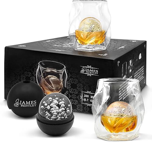 James Bentley Juego de 2 vasos de whisky con moldes de bolas de hielo vasos de whisky soplados a mano en una caja de regalo vidrio bourbon vidrio James Bentley Juego de 2 vasos de whisky con moldes de bolas de hielo vasos de whisky soplados a mano en una caja de regalo vidrio bourbon vidrio