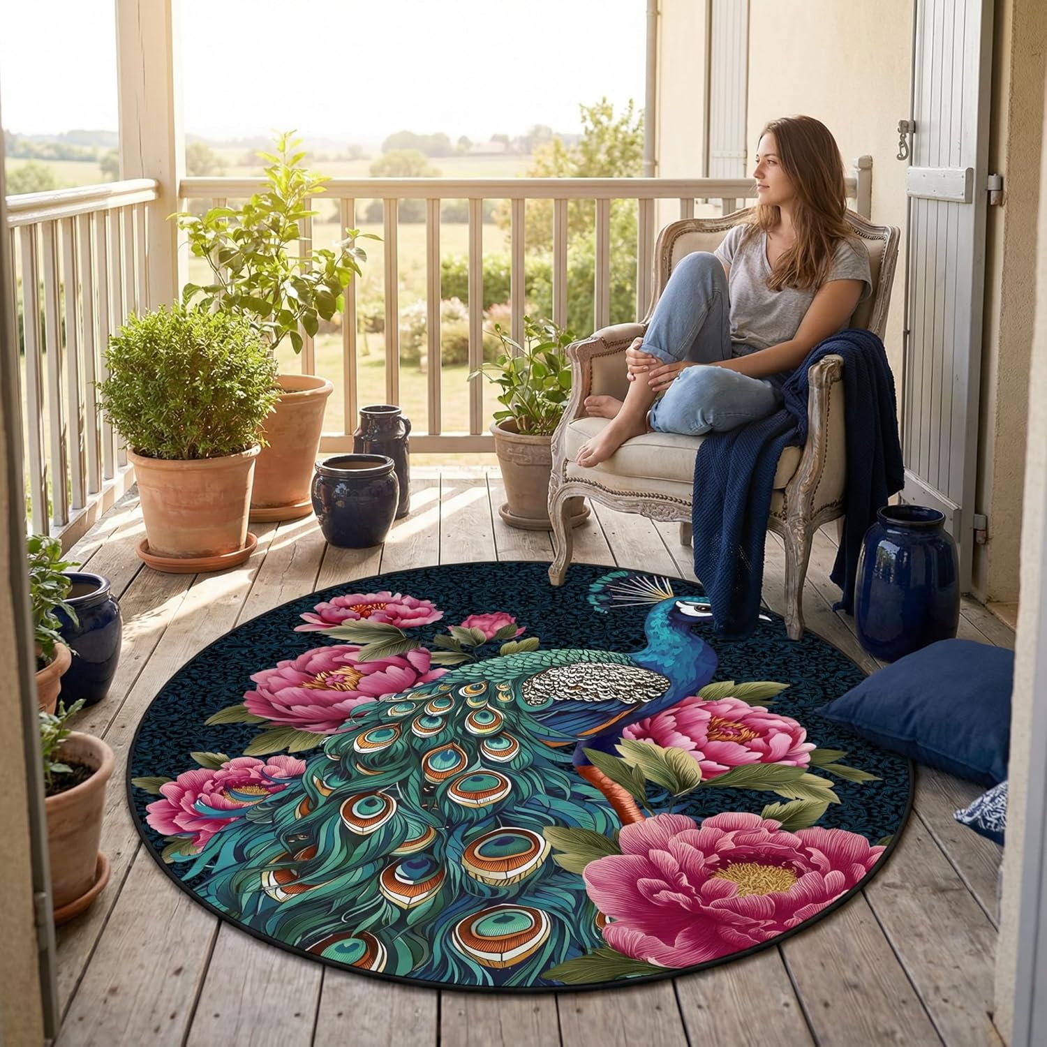 CCoutueChen Peacock 4x4 Washable Round Rug, Boho Vintage Floral Birds Indoor Floor Carpet Mat, Soft Non Slip Low Pile Rug for Kids' Room/Bedroom/Living Room, Navy Blue Brown