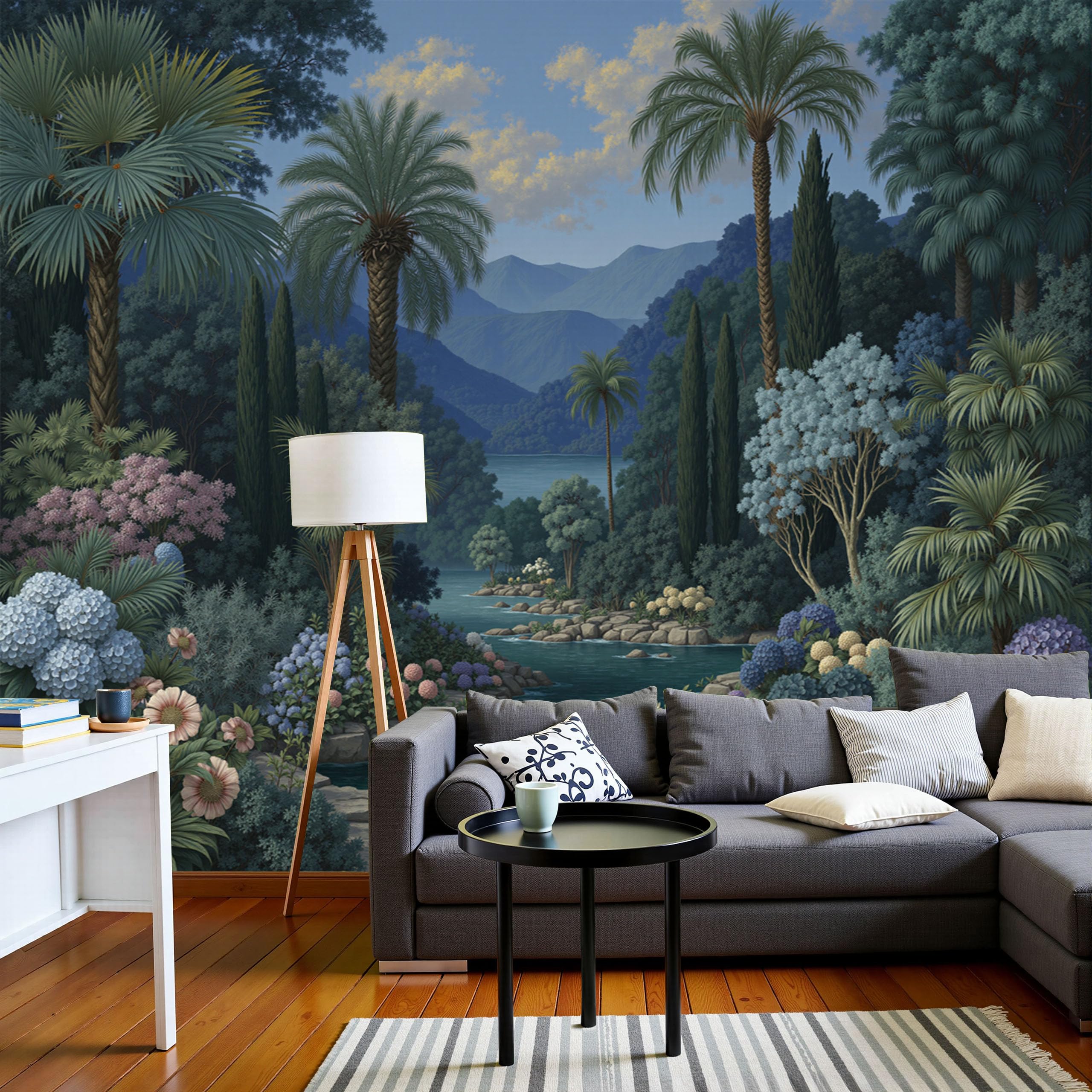 Papier peint forêt fleurs exotiques bleu pour transformer le mur de votre chambre en jungle