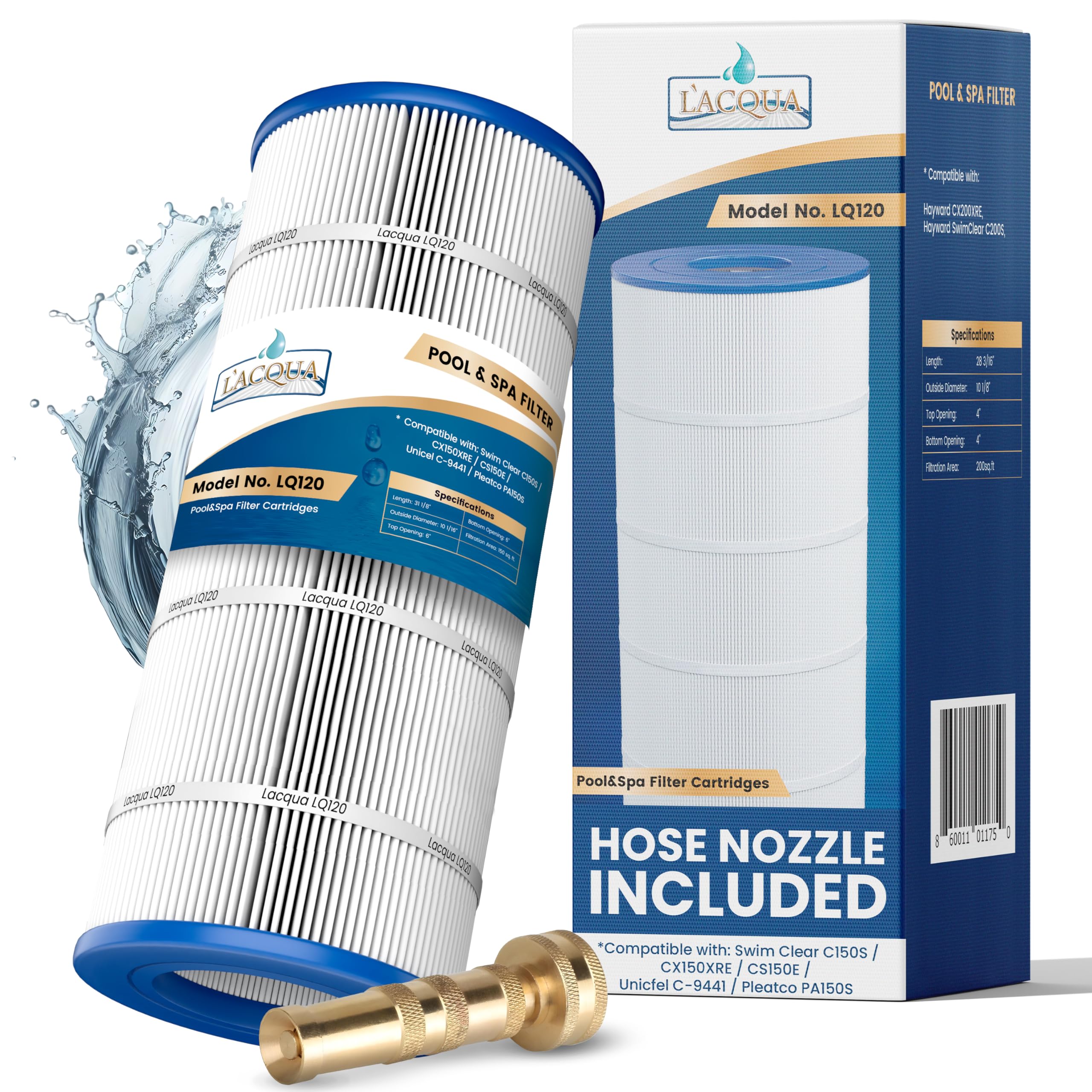LACQUA Pool Filter Cartridge LQ120 120 SqF for Hayward C1200, CX1200RE, Pleatco PA120, PA120-EC, Unicel C-8412, Filbur FC-1293, Clearwater II 125, Waterway PCCF-125. Hose Nozzle Included
