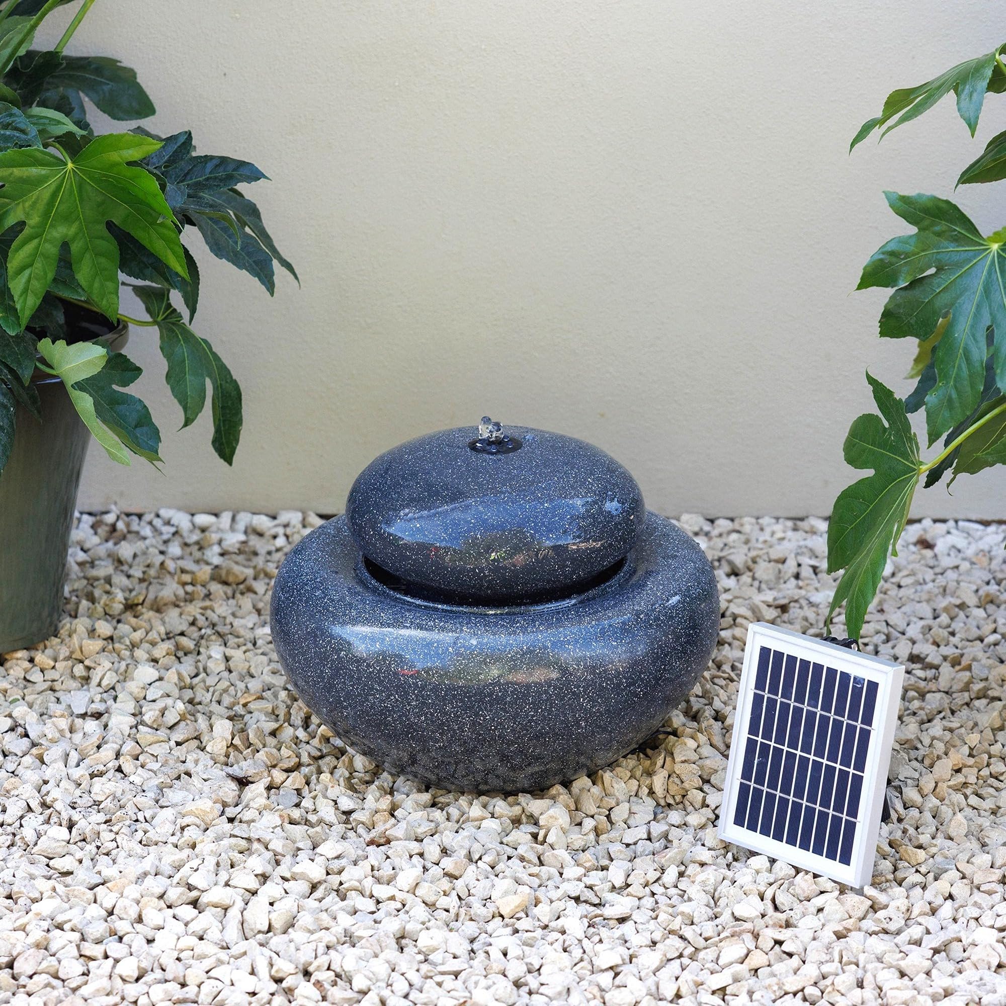 Primrose Solar Powered Leven Round Pebble Bowl Water Feature with LEDs Grey H28.5cm