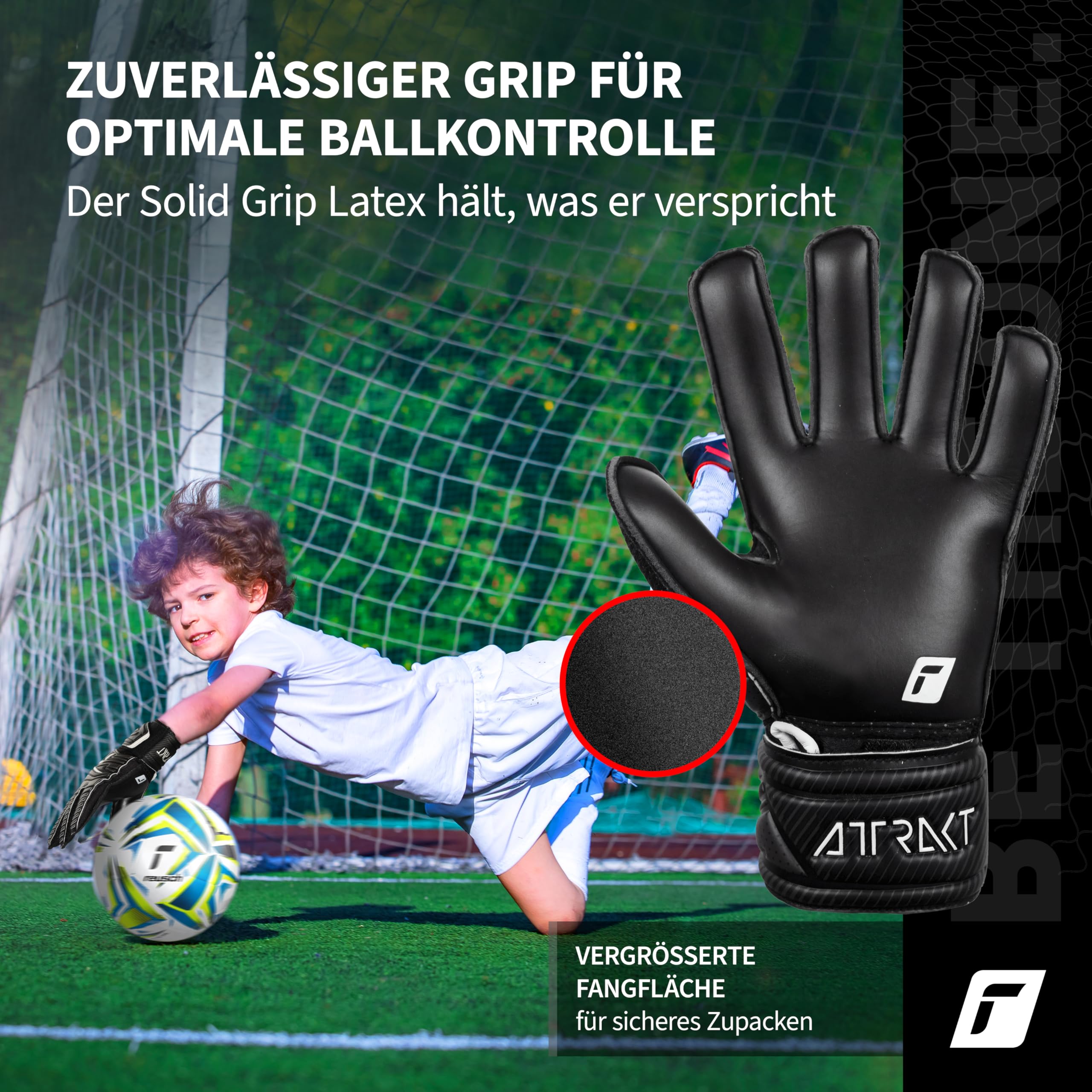 Reusch Attrakt Junior Unisex rękawice bramkarskie z zewnętrznymi szwami i solidną powłoką, odpowiednie do wszystkich powierzchni boisk piłkarskich dla dzieci, chłopców