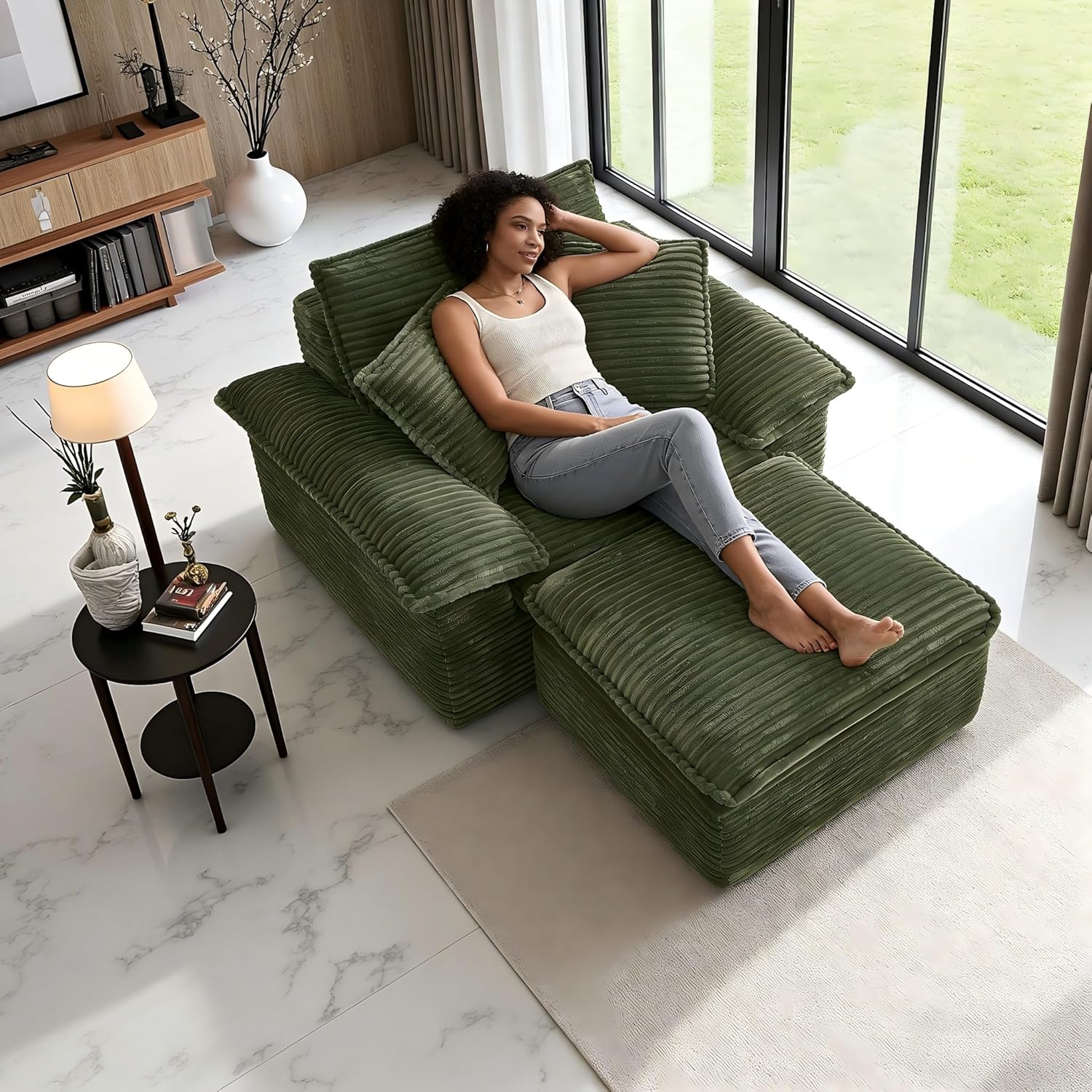 47 Inches Chaise Lounge Indoor, Oversized Chaise Lounge Chair with Pillows, Compact Sofa Couches, Corduroy Upholstered Plush Sofa Bed Lazy Chair Bed Sleeper Chair for Living Room Apartment