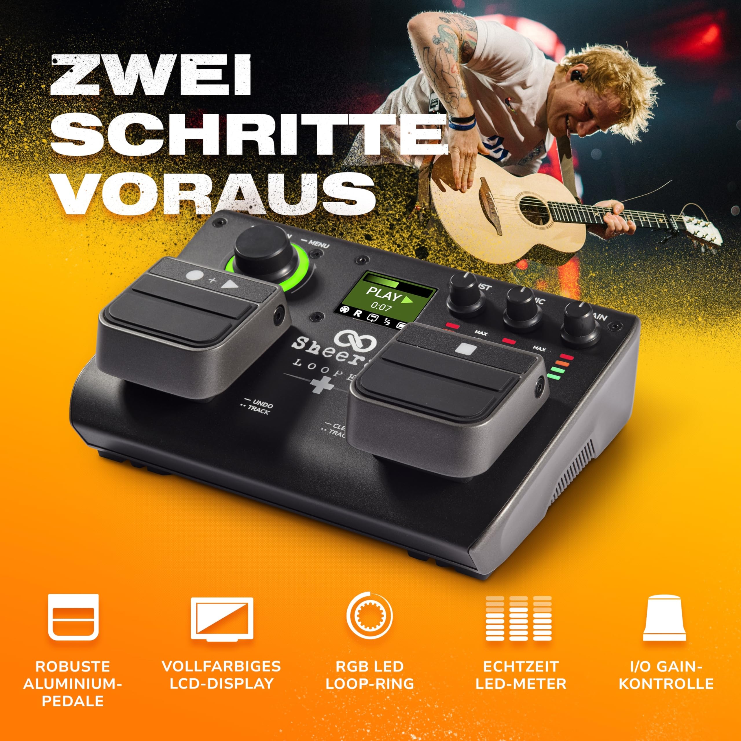 SHEERAN LOOPER + Dual Track Pedal für Gitarre, Bass, Keyboard, Vocals und Mehr, mit 128 Loops Speicher, 4 Looping Modi, LED-Display und Audiointerface