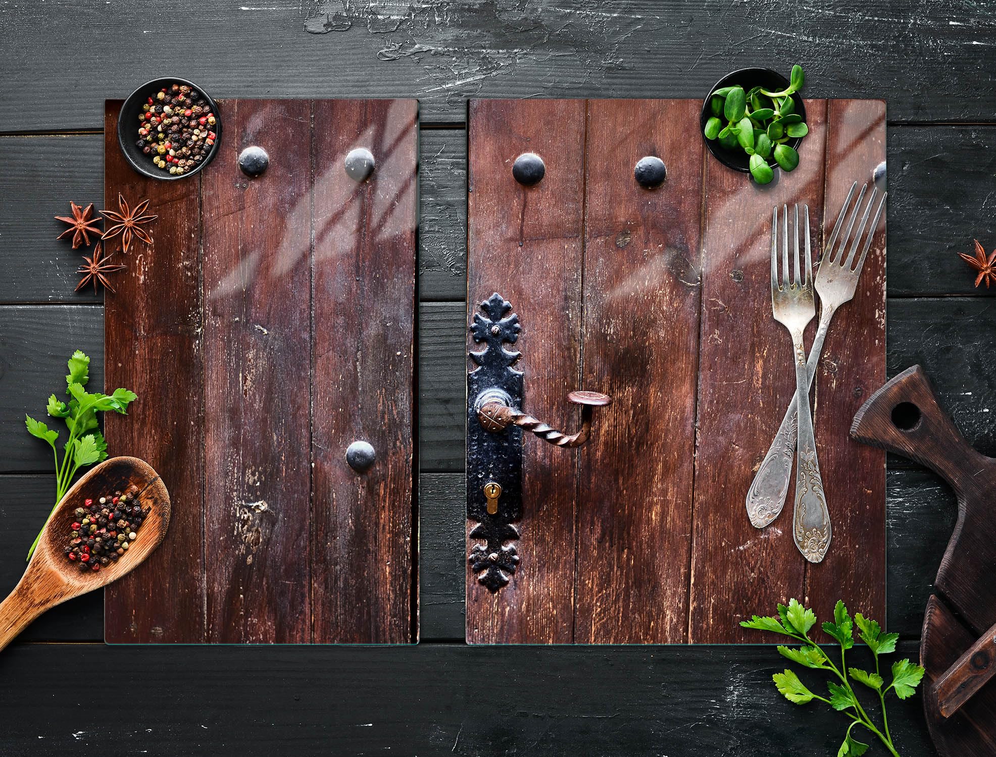 TMK ArtDeko Herdabdeckplatten Set 70 x 52 cm Ceranfeld Abdeckung Glas Spritzschutz Abdeckplatte Glasplatte Herd Ceranfeldabdeckung Deko Schneidebrett, Holz