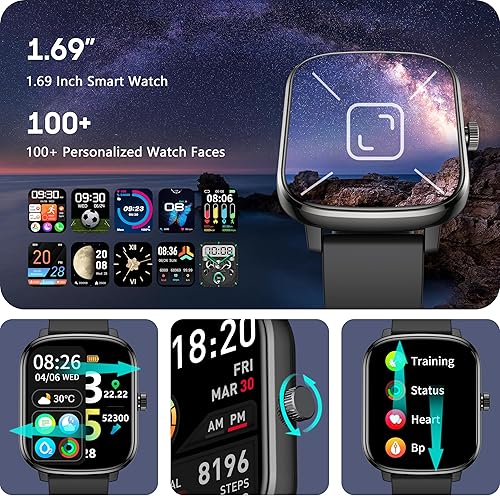 Miniatura 6 de KALINCO Reloj inteligente para mujer, rastreador de actividad física de 1.69 pulgadas con frecuencia cardíaca, presión arterial, seguimiento de