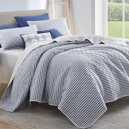 SHALALA - Edredón de acero azul Queen colcha suave con 2 almohadas decorativas juego de ropa de cama a rayas azules y blancas para todas las
