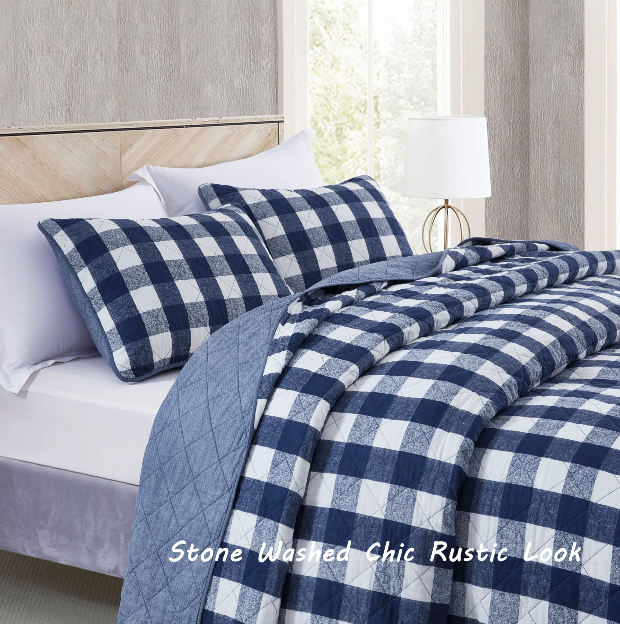 Chezmoi Collection 3-Piece Blue White Plaid Cotton Quilt Set - Buffalo Check Solid Reversible Bedspread - Pre-Washed Cotton Lightweight Coverlet, Queen Size