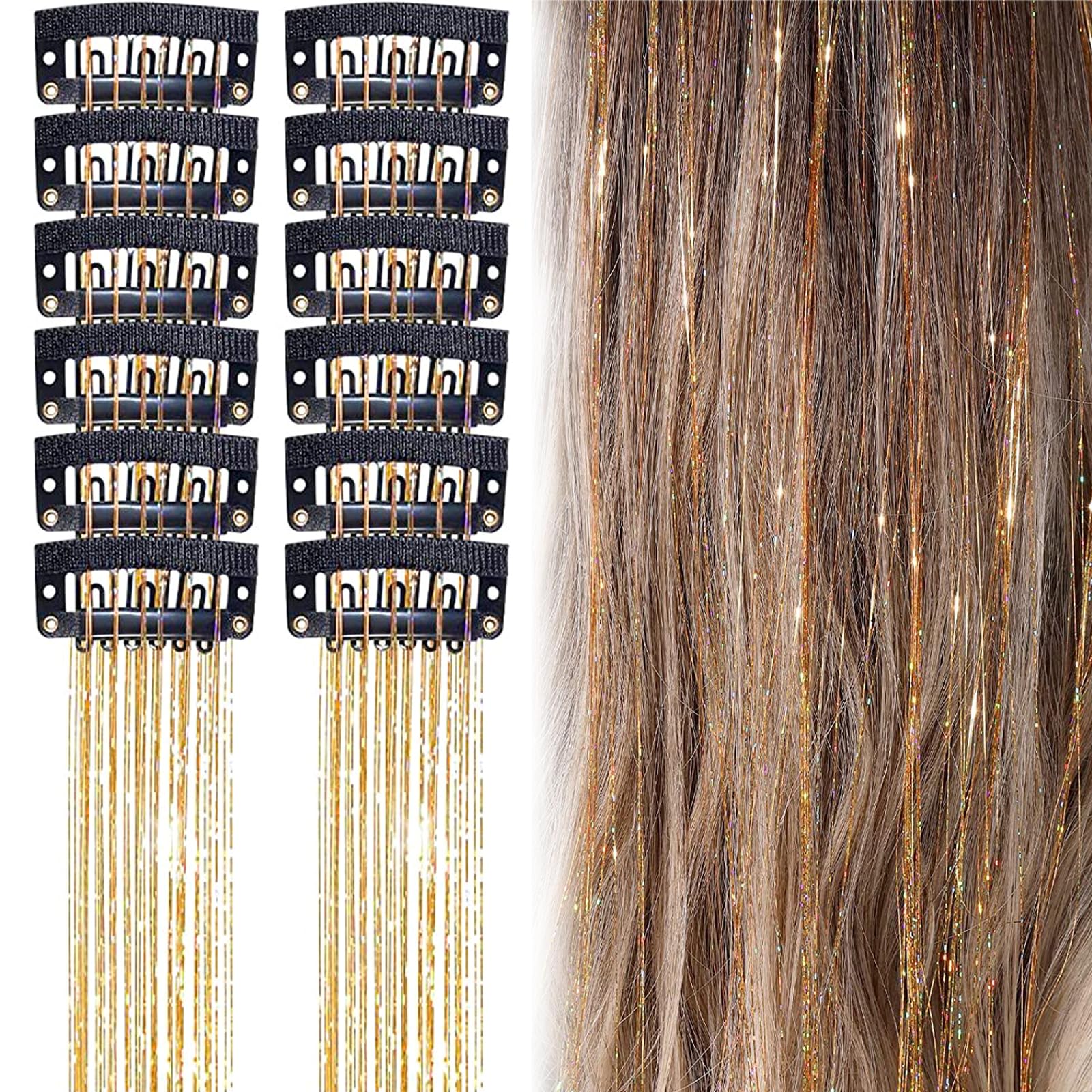 12 PCS Clip in Hair Tinsel Extensions Anti-slip Heat Resistant Shiny Tinsel Hair Extensions with Clips Champagne Sparkling Shinny Fairy Accessories for Women Girls Party Cosplay Halloween Christmas