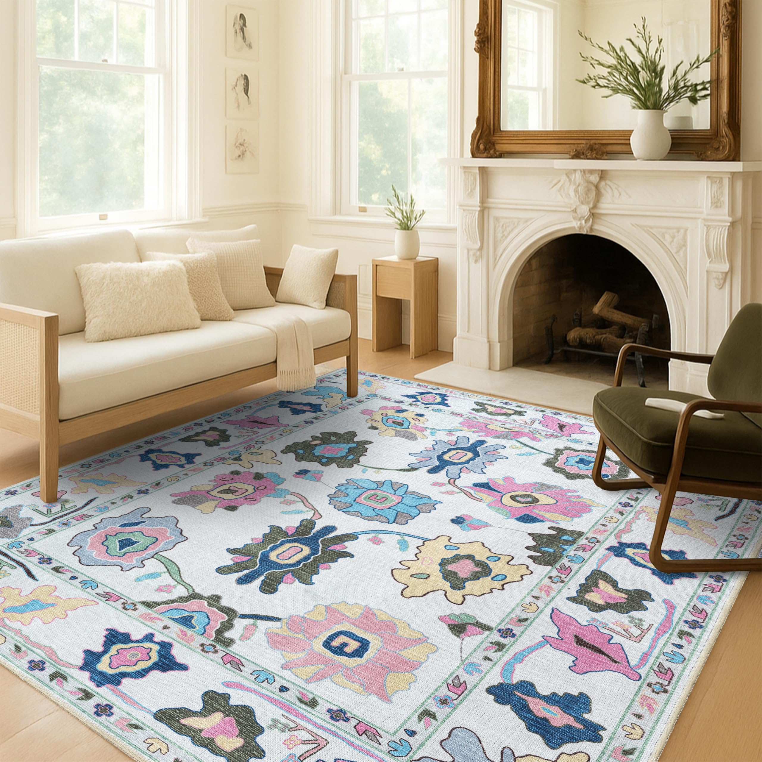 Fame Living Colorful Oushak Rug, Modern, Vintage, Turkish, Eclectic, Floral, Pastel, Washable, Large Area Rugs for Living Room, Dining, Bedroom, Girls