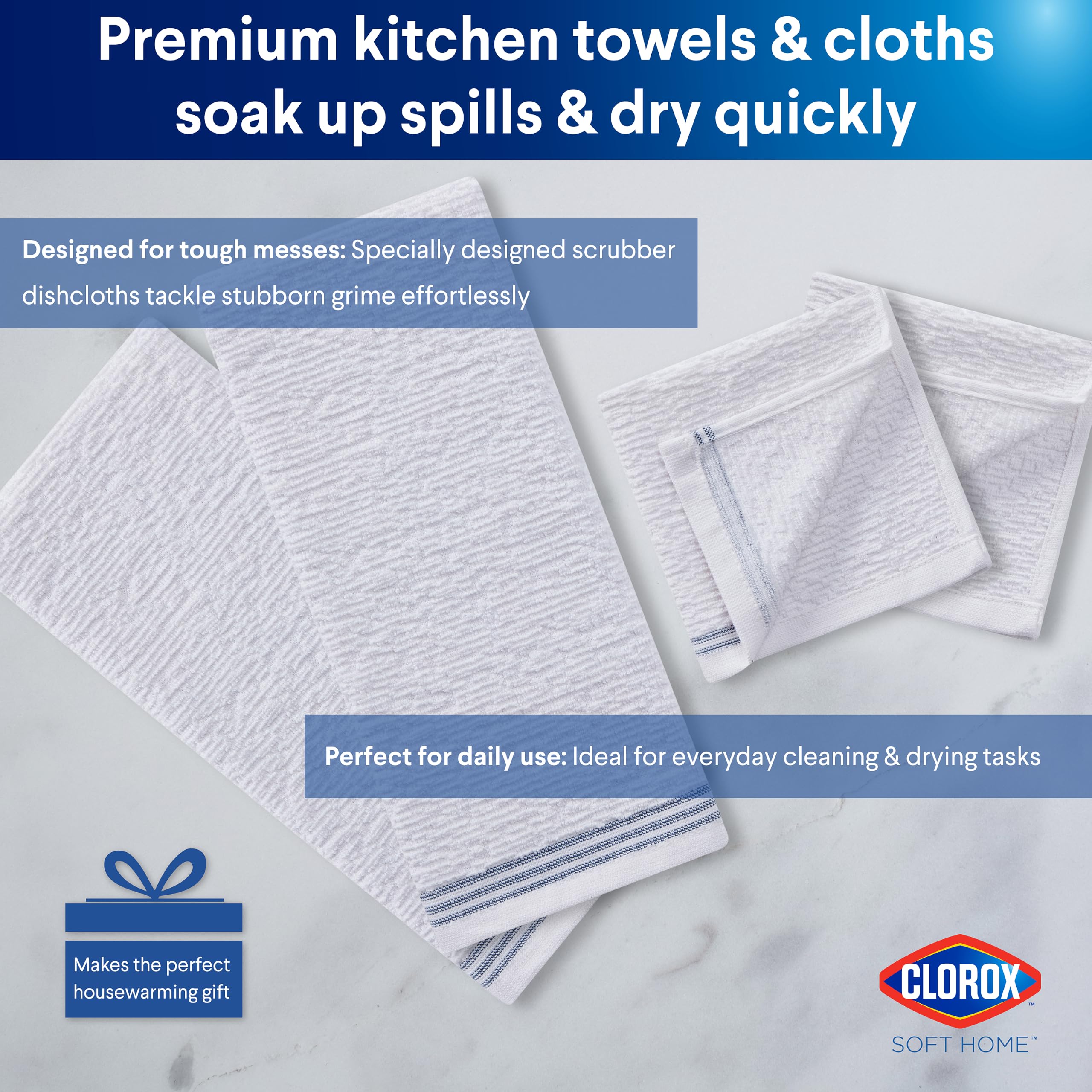 CLOROX Ensemble de cuisine de qualité supérieure – Parfait pour le nettoyage et la manipulation de la vaisselle – 2 torchons de cuisine en coton, 2 mini gants de cuisine, 1 tapis de séchage, 2