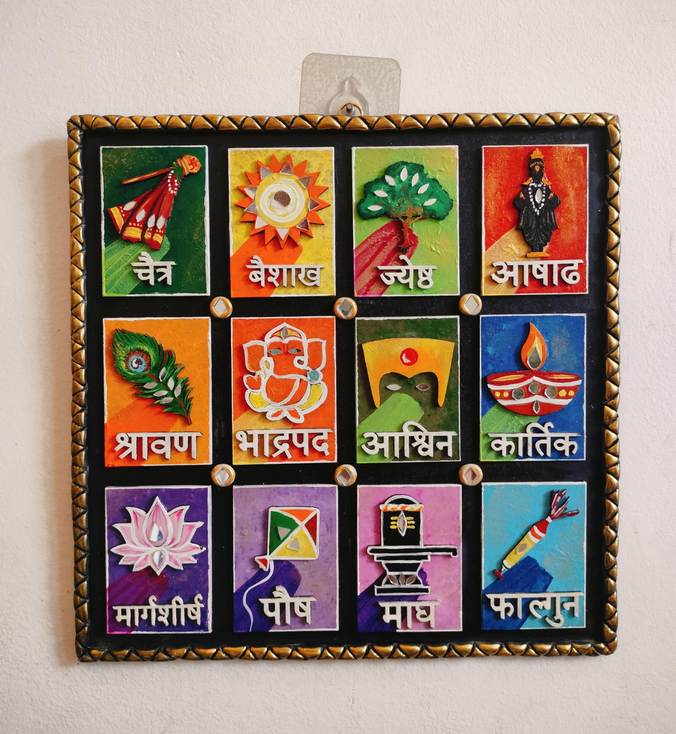 Tanudeep Arts-Crafted with love,3 layer,3D, Hindi Marathi Panchang Wall Art, Lippan Mirror Work, 30 x 30 cm, Multicolour Clay Frame-image-8