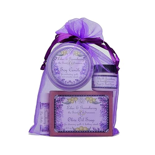 Bolsa de regalo lila y grosella espinosa  Lata de vela de soja, bálsamo labial, jabón y crema  Yennefer Scent of a Sorceress by Bella Des Natural