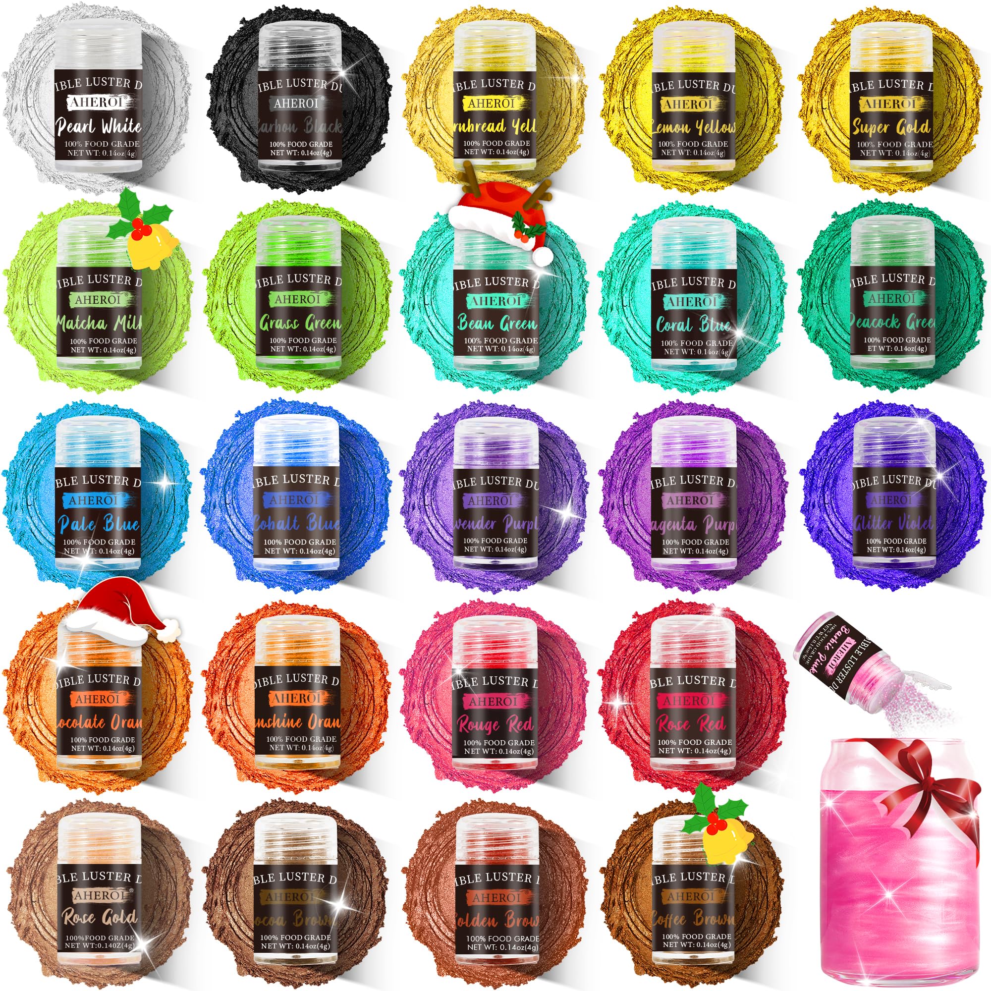 Aheroi Edible Glitter, 24 Colors Luster Dust Edible, Cocktail Glitter Luster Dust Sprinkles Drink Glitter Set, Shimmering Glitter Powder Glitter for Fondant Cake Chocolate Cocktail Candy(4g/0.14oz)