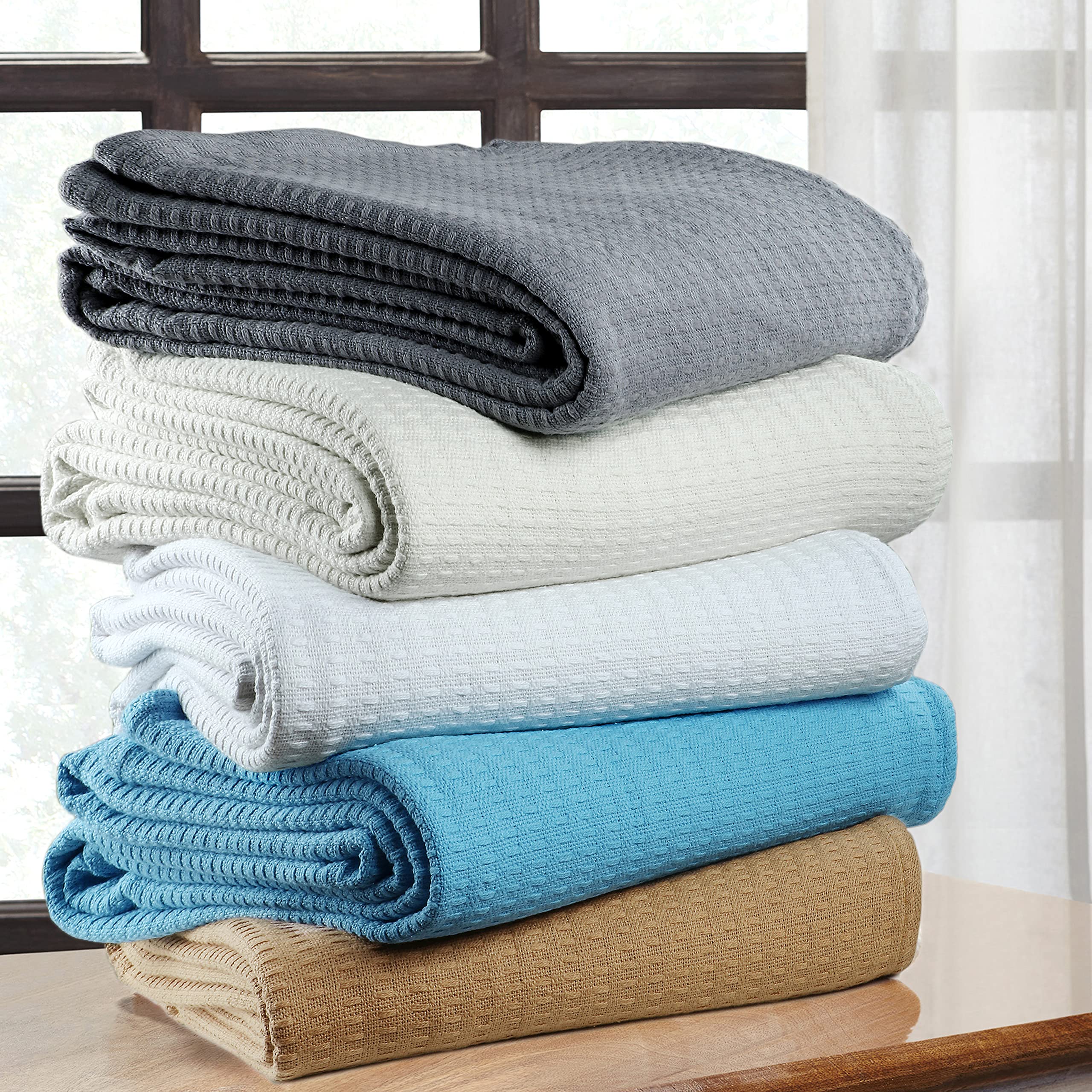 Tex TrendTex Trend 100% Cotton Thermal Blanket, Soft Premium Twin XL Blanket - Upgraded Waffle Weave Blanket - Breathable Skin Friendly Woven Cotton Blankets for All Seasons - (60x90, Blue)