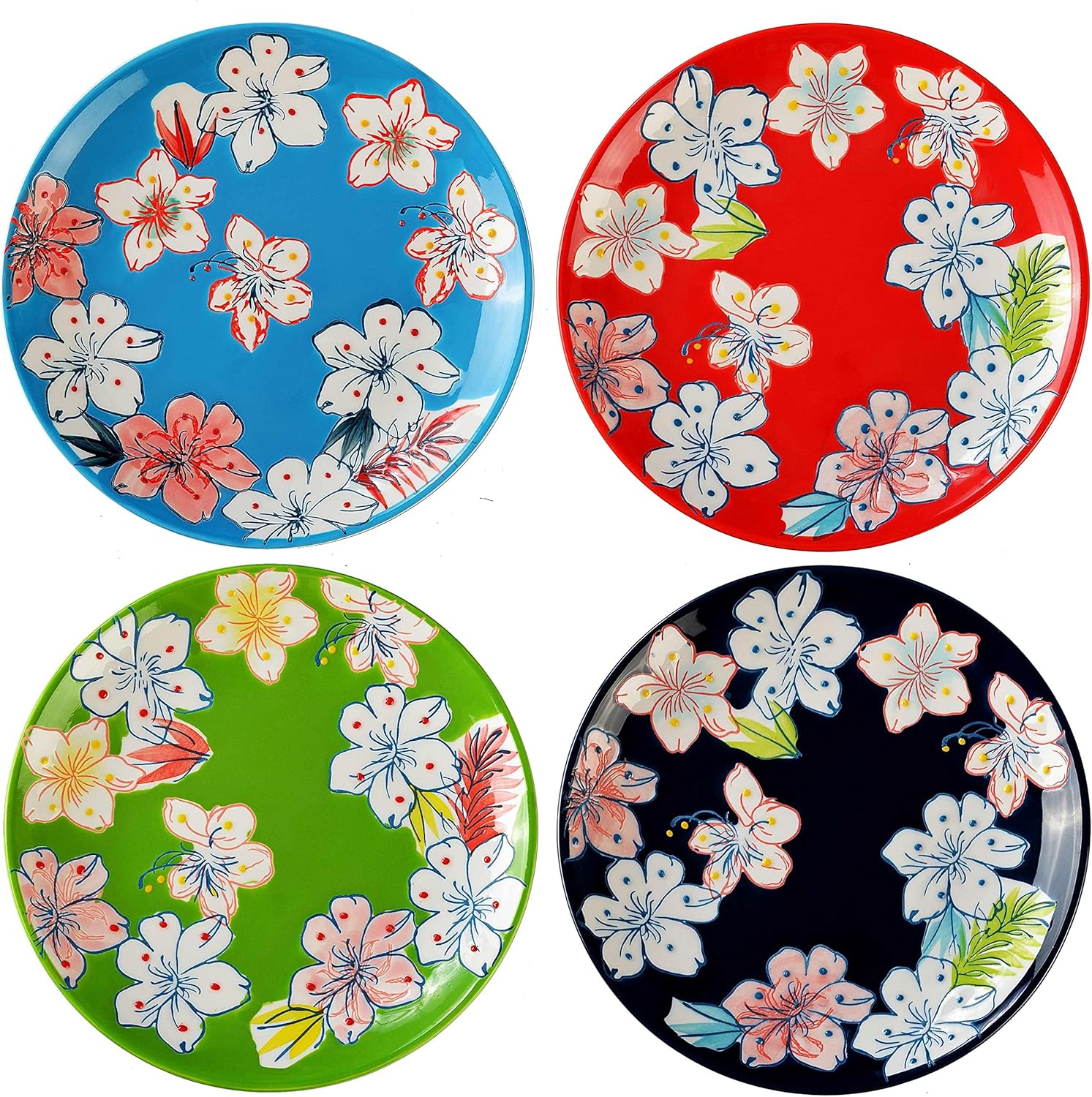 superyes Juego de 4 platos de ensalada de cerámica floral pintados a mano, juego de platos redondos decorativos de 8 pulgadas, para ensalada,