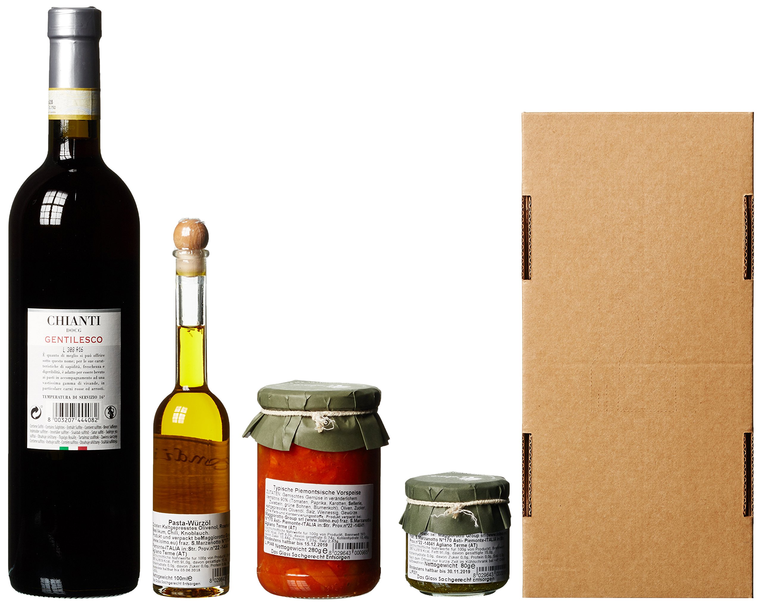 The Wine Guys Geschenk-Set Präsentkorb Tavola Italiano Piemonteser Feinkost Chianti Antipasti Pesto Ligure Würzöl 75 cl