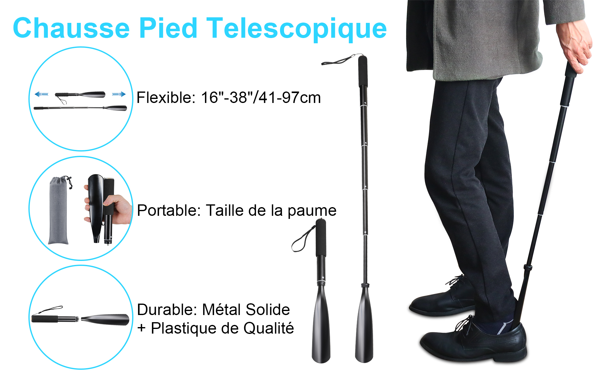 Lot De 2 Chausse-Pieds Télescopiques Batheidon - Longueur Réglable 30-70cm - Pour Enfants Et Adultes - Bleu/Orange