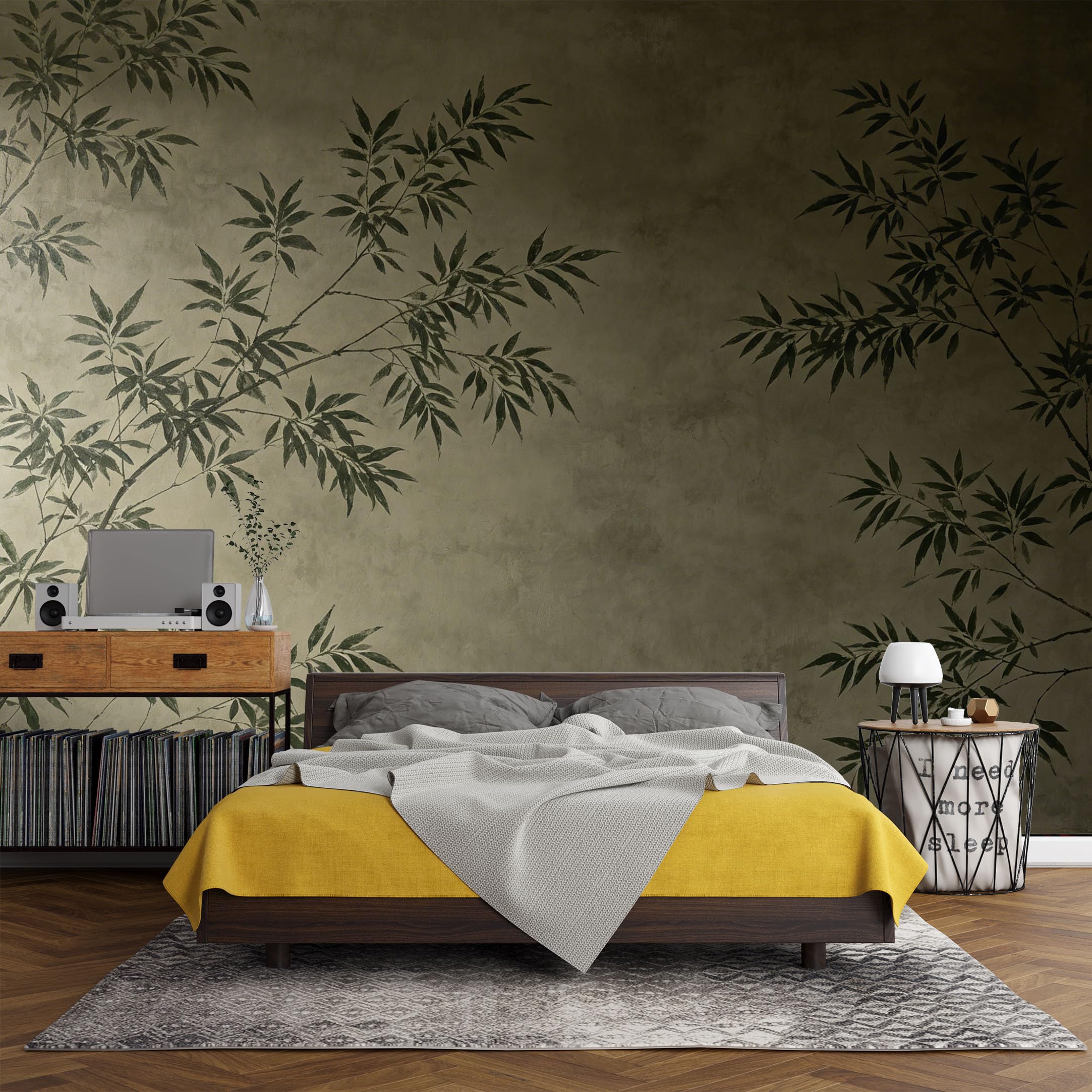 Custom Size Wall Mural Botanical Bamboo Leaves Textured Neutral Backdrop，SelfAdhesive Art Prints wall Fabric（No PVC） Removable Wallpaper Living Room Decor