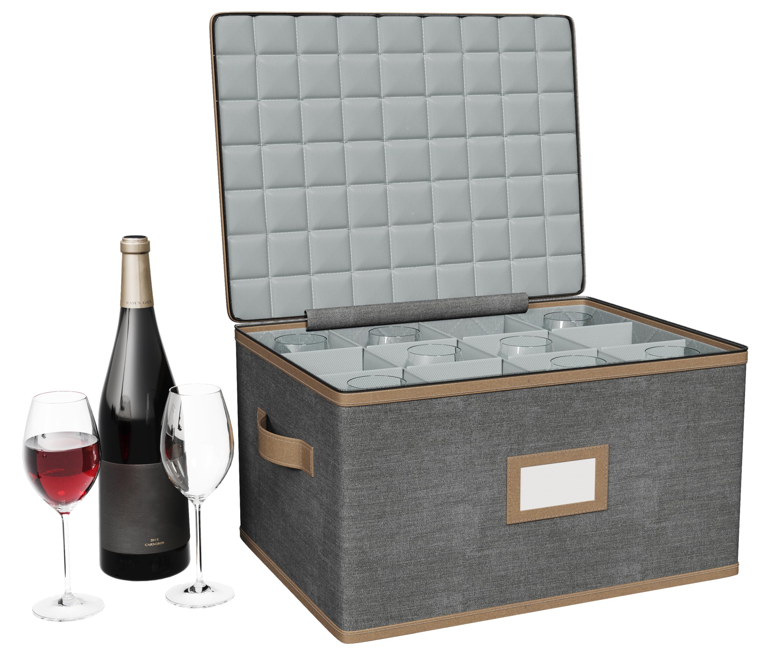 Wine Glass Storage Box with Dividers, Quilted Hard Shell Organizer for Stemware and Glassware Sets, Ideal for Storage and Moving Supplies, 1-Pack, Grey