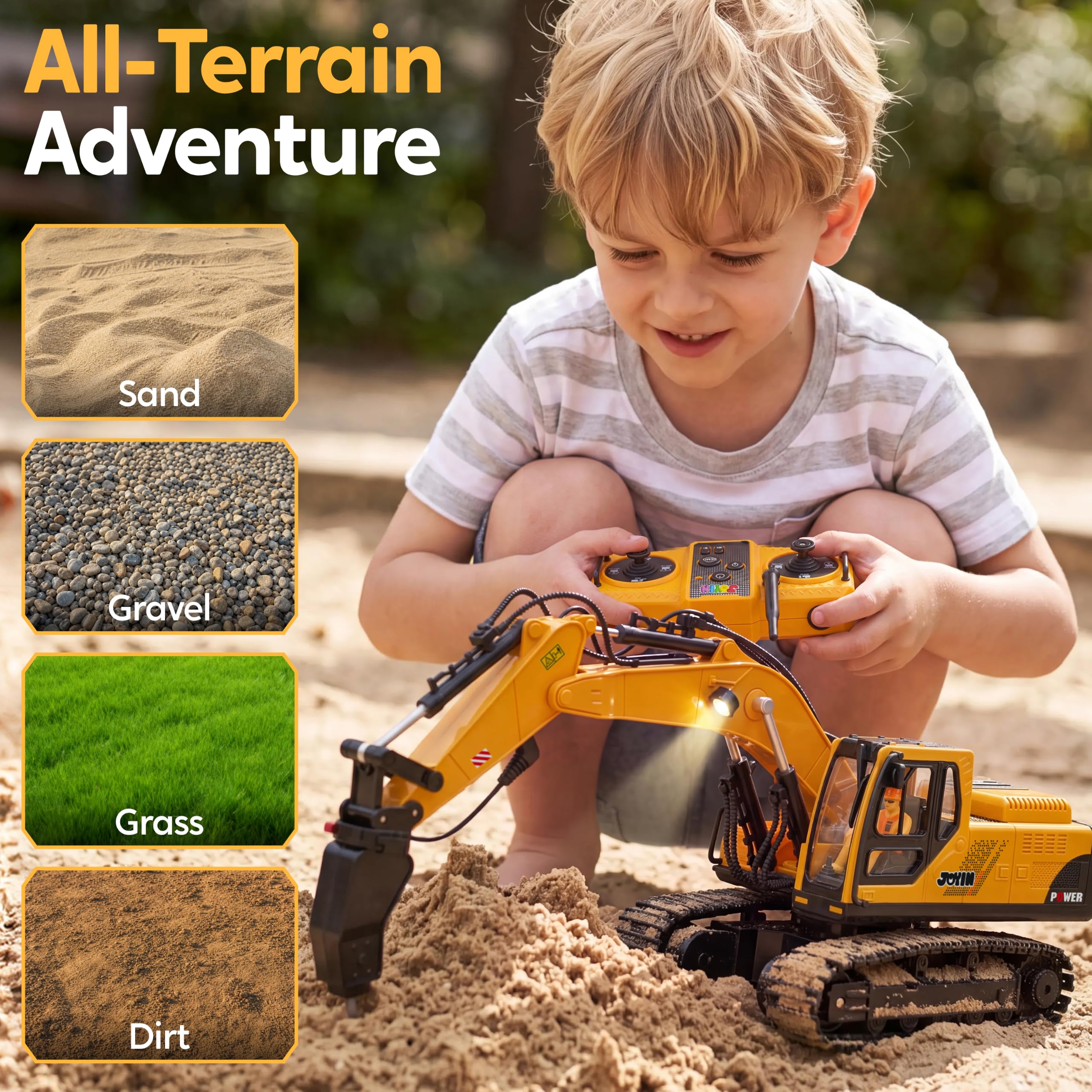 JOYIN 3-in-1 Ferngesteuerter Bagger für Jungen ab 3-9 Jahren, RC Bagger Spielzeug mit Legierung Schaufel Greifer Bohrer, 2.4GHz Auto mit Licht und Sound, Kinder Geburtstag Geschenk