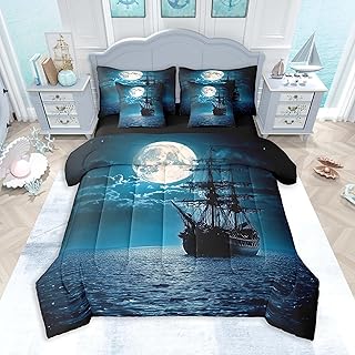 Feelyou Sailing Ship Comforter Set 7 Pieces Full Size Moonlight Ocean Sea Bedding Set for Boys Girls Coastal Bed in a Bag with Comforter, Sheets, Pillowcases & Cushion Covers