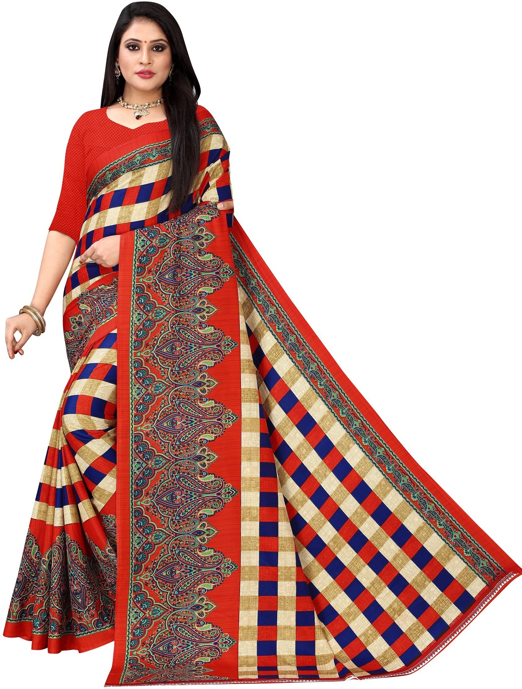 GenericDivyapriya fashions Women's Synthetic Printed Saree with Unstitched Blouse 5.5 Metre (Red) PB_CRPPRNT_02_RED