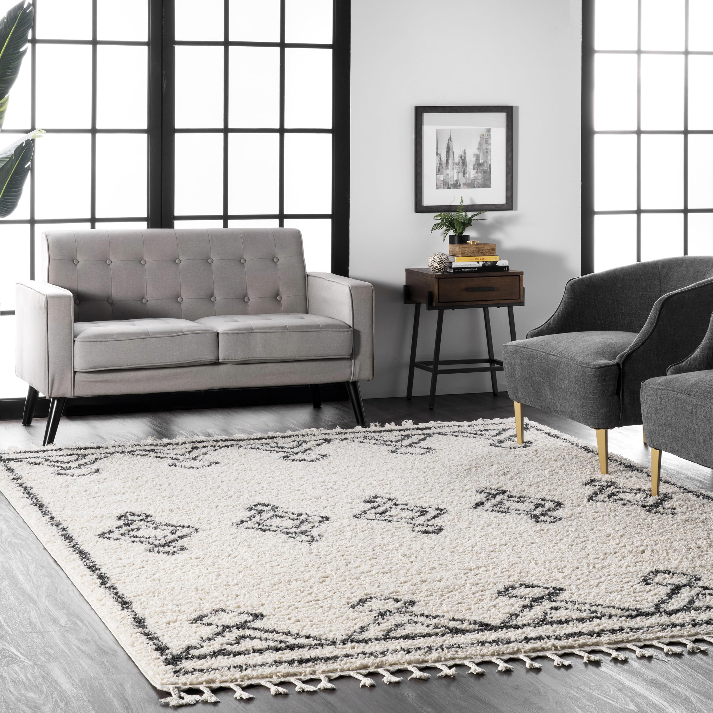 Nuloom Mackie Off-White/Charcoal, 6'7" x 9', Moroccan, Shag, Tassel, Soft and Cozy, High Traffic, Stain Resistant, Easy Clean, Durable Area Rug for Bedroom, Living Room, Dining, Den, Foyer, Entryway